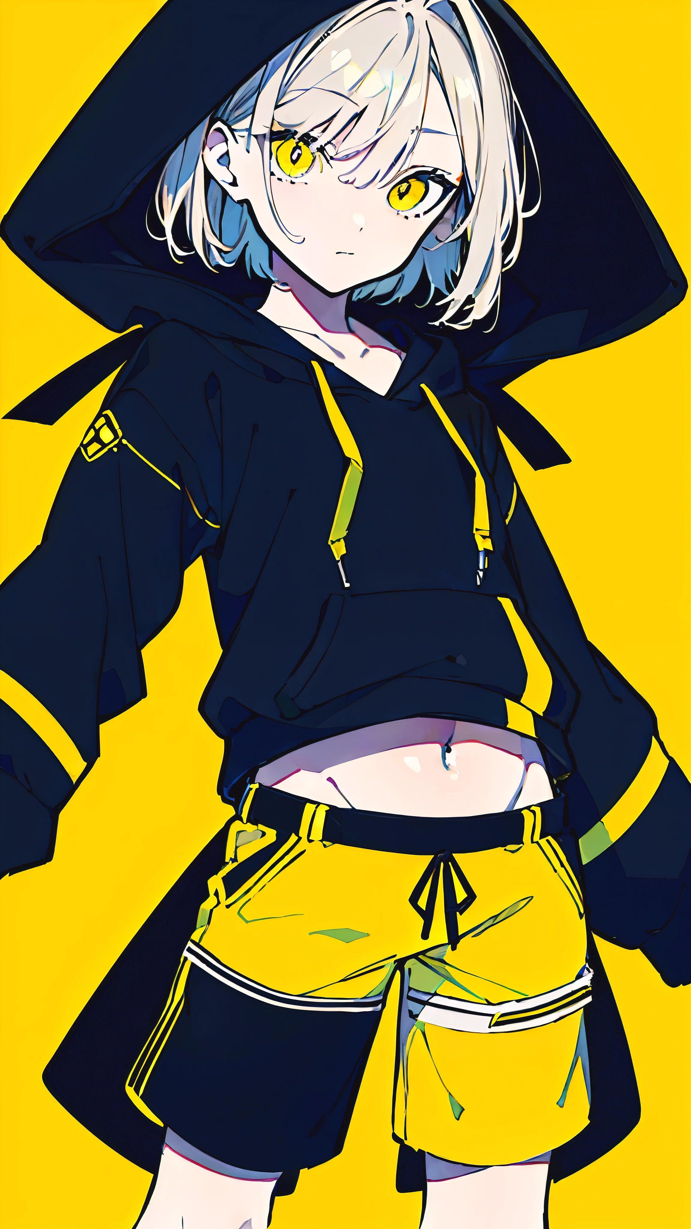 (masterpiece, highest quality:1.6), alone, thick outline, (simple background, Dark yellow background, monochrome, dark yellow theme:1.2), official art, Key Visual, 8K, confused, whole body, (Unique hair, oversized hoodie, hot pants, arch back, short torso:1.2), belly button, thighs, cowboy shot, HDR, sharp focus, High resolution, most detailed, very detailed, Super detailed, finely, detailed eyes and face, sharp pupils, realistic student, alone, contrast between yellow and light blue, alone