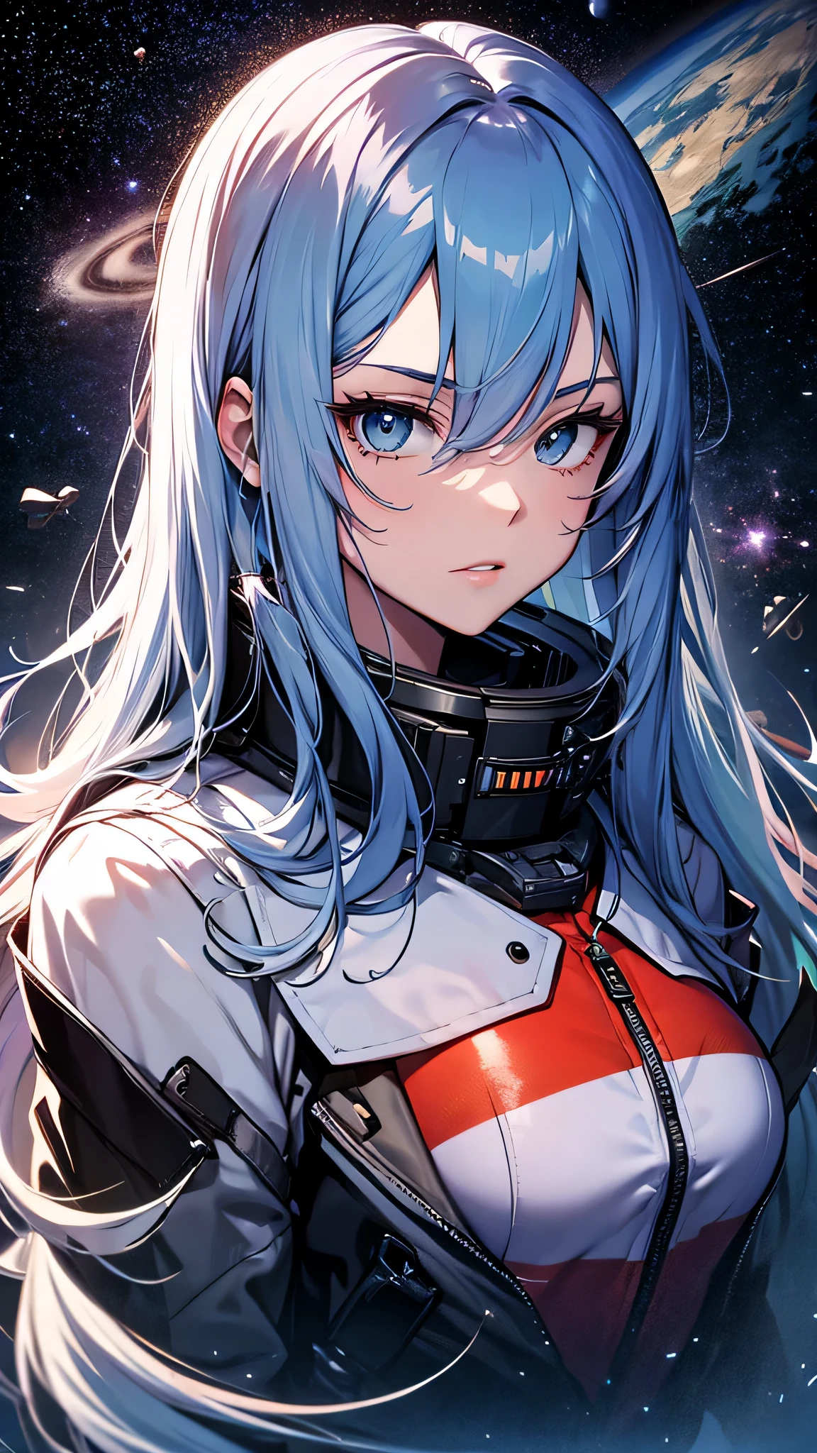 最high quality、best image quality、masterpiece、age girl((18-year-old、 By becoming、vest bust、medium bust,wide open breast tea、black eye, light blue hair、Red mesh、long hair、thin,highest valley、white pitch suit、Glowing red wings,leaning forward)),high quality、beautiful art、background((outer space))debris flies、Depth of written boundary、movie、visual art、perfect art、8K,genuine