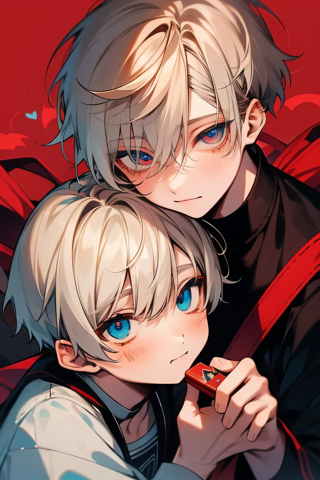 (muste piece), (best quality), very detailed, ((two boys)), perfect face, beautiful face, very detailed顔，(brown haired boy_red eyes:1.3)，(White-haired boy_blue eyes:1.3)，chocolate，Valentine，ribbon，heart，Light，smile，long eyelashes，頬にheartマーク，溶けたchocolate，Covered in chocolate