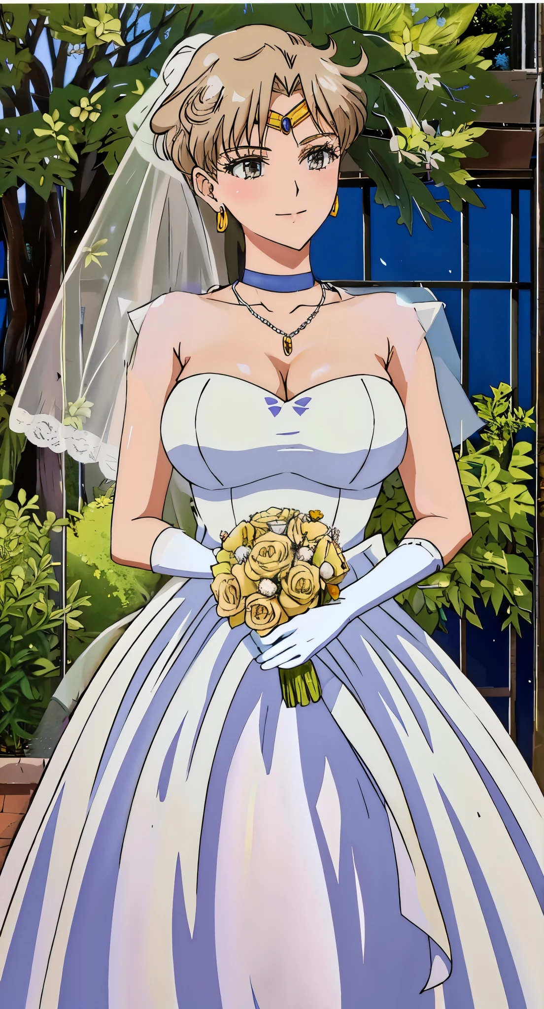 ponytail，Gurwitz，pillory，Head flail，hand flail，flail，(bridal veil:1.5），（short sheer veil：1.5），Blushing face，Head flower，headgear，（tube top wedding dress：1.5），（Silk dress：1.2）,（Strapless wedding dress：1.5）,Bouquet,pure white dress，necklace，earrings，(large breasts:1.3)，Deep V peach heart collar wedding dress，Bangs，lipstick，（lace gloves：1.3）,Bust photo,High detail RAW color art,Tyndall phenomenon