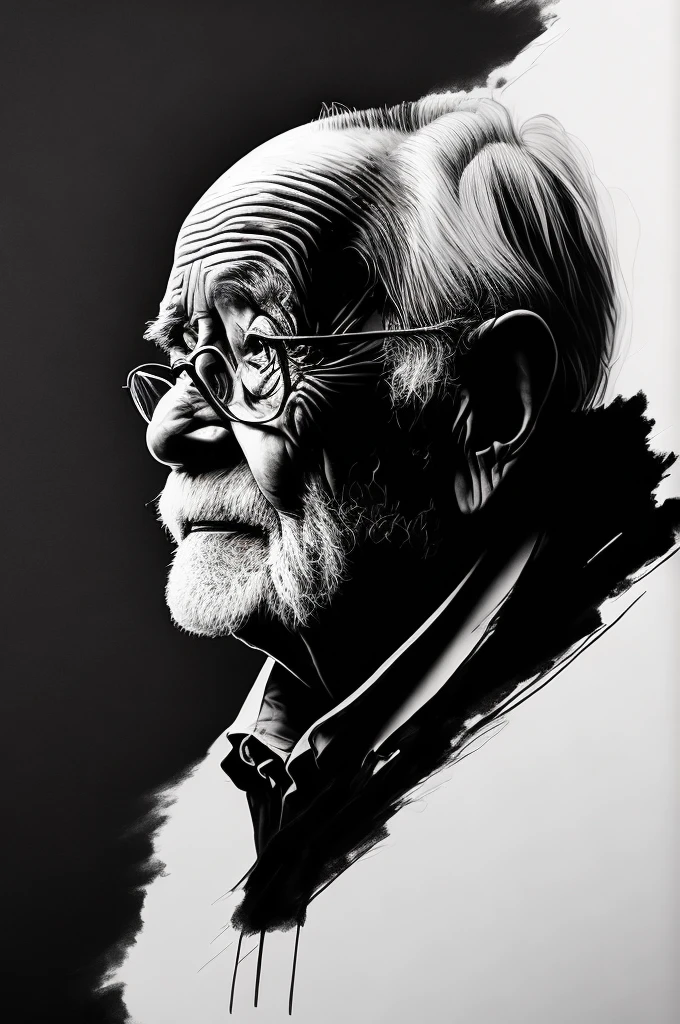 (ink style art), portrait of an old man, A work expressing the loneliness of the elderly, Works drawn with thick brush and ink, vector style, black ink, white background, Simple style, Bold brush strokes, high quality, Outlined in black ink, the figure is depicted with smooth lines, expressing emotions and posture through the contrast of ink density. The background is minimalist, emphasizing light, shadow, and spatial perception.