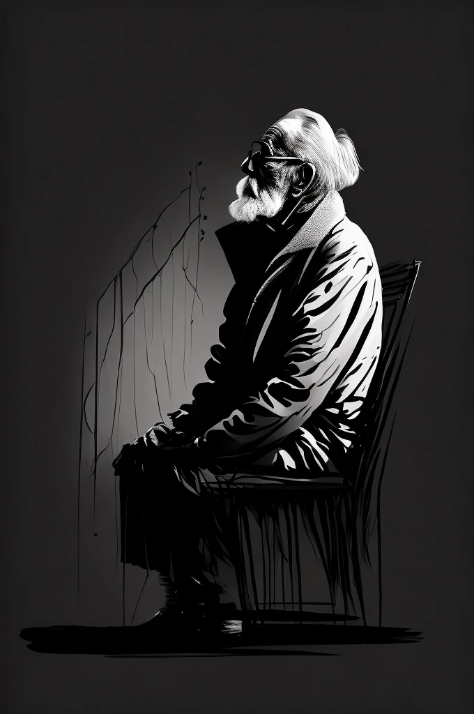 (ink style art), portrait of an old man, A work expressing the loneliness of the elderly, Works drawn with thick brush and ink, vector style, black ink, white background, Simple style, Bold brush strokes, high quality, Outlined in black ink, the figure is depicted with smooth lines, expressing emotions and posture through the contrast of ink density. The background is minimalist, emphasizing light, shadow, and spatial perception.