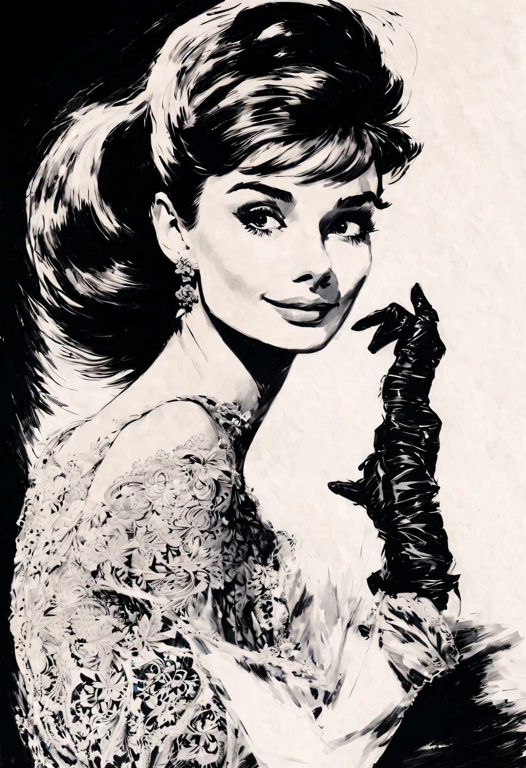 Ink art style, (Audrey Hepburn elegantly puts her hands on her chest), (Wear high-end lace evening gown gloves), White background, dramatic contrast, Hair texture clear and shiny, Emphasis on the depiction of exceptionally beautiful and bright eyes, smooth skin, portrait, beautiful details, Super intricate and refined details, Outline with black ink, smooth lines, Express the characters’ expressions and postures through the contrast of ink shades. Simple background, Emphasis on light, shadow, and a sense of space,