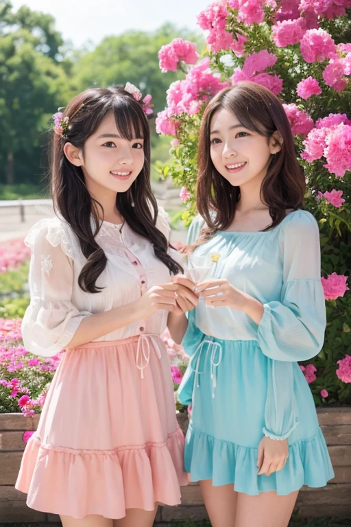 Create a picture of two young women standing together。Both have clear skin and gentle expressions.、It has a delicate and fantastic appearance.。The two were wearing matching pastel outfits.、One is pale pink、The other is wearing a light blue outfit.。The costume is decorated with lace and ribbon detailing.。The black-haired woman has a ribbon tied in her pigtails.、The other woman with light brown hair also has her hair in twin tails.。The two of them were standing in a room with soft lighting, with natural light pouring in through a large window.、It creates a calm and intimate atmosphere。The background is minimalistic、The focus is on the elegant and united pose of the two people.。