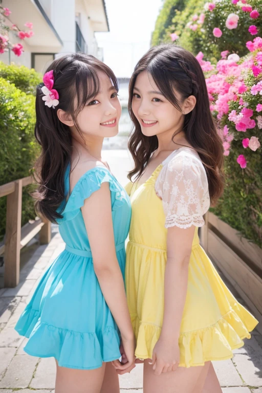 two beautiful japanese girls、(Beautiful girl wearing a white summer dress、15yo student、)、(Beautiful girl wearing a summer dress with a pink collar、14years、)