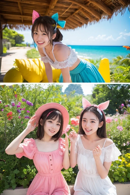 two girls、fun atmosphere, beautiful and fine eyes, cute hairstyles, Vivid costumes, pose playfully, wood々sunlight shining through the gap, soft shadow, Bright colors, lively look, zora々energy, laughter and giggles, delicate flowers,、friendship and bond, capture happy moments, Moderate: Top quality digital illustrations, High resolution), super detailed, realistic, Vibrant color palette, Natural light、light colored room wear
