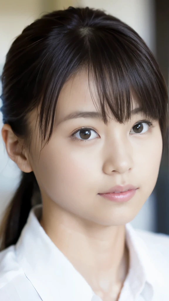 High-quality, realistic upper body image of a 28-year-old Japanese female detective assistant, illuminated face, showing attentiveness. She should have a professional appearance with keen eyes, possibly wearing glasses, a smart formal shirt, and her hair tied back for efficiency. Her expression is focused, reflecting her analytical nature.