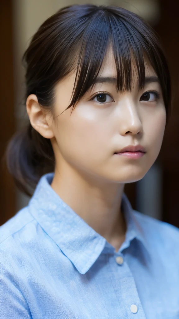 High-quality, realistic upper body image of a 28-year-old Japanese female detective assistant, illuminated face, showing attentiveness. She should have a professional appearance with keen eyes, possibly wearing glasses, a smart formal shirt, and her hair tied back for efficiency. Her expression is focused, reflecting her analytical nature.