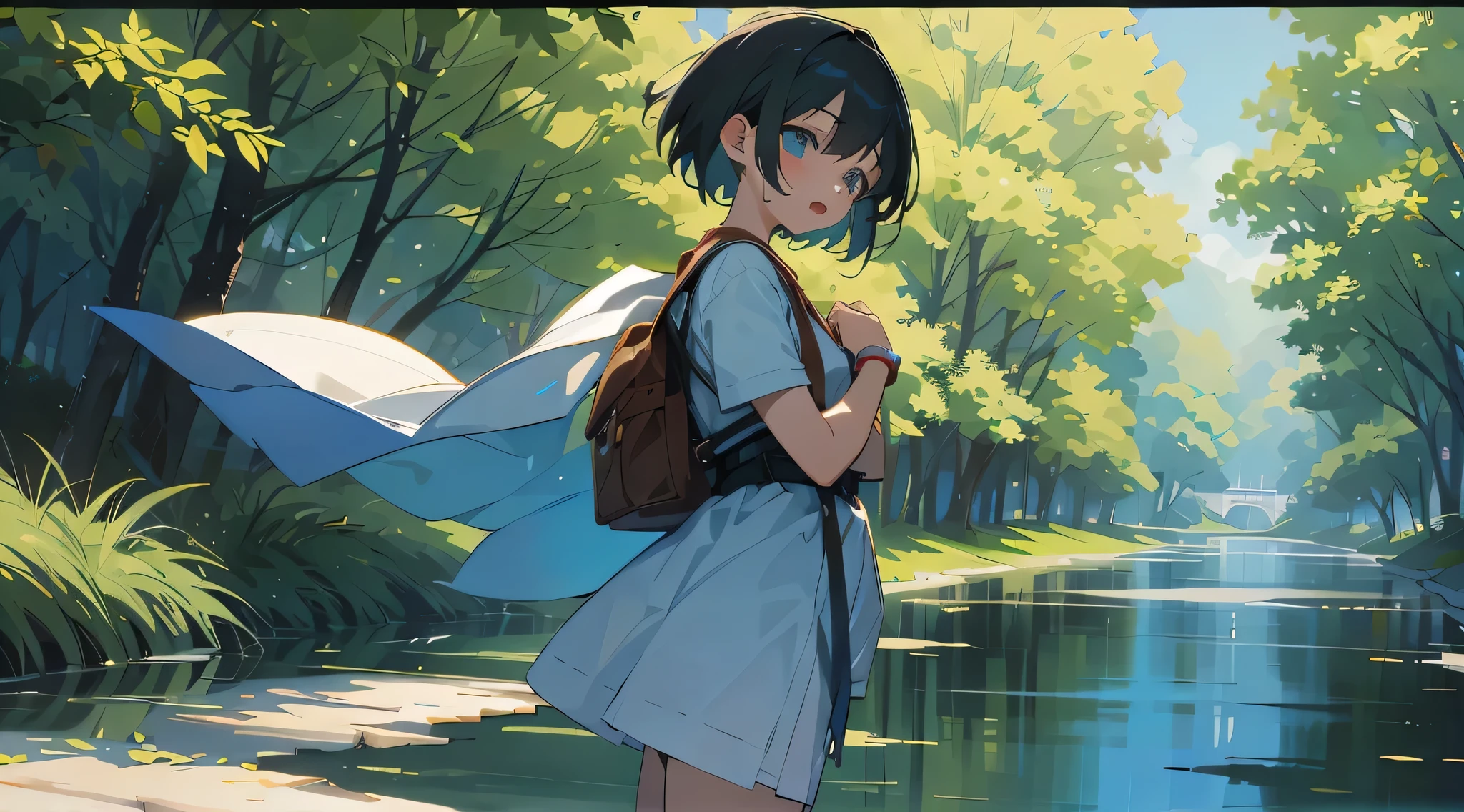 short hair, boyish, anime girl, cute, nature, river,close your eyes