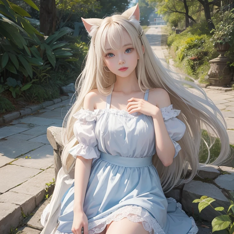 bright look、photorealism、highest quality、ultra high resolution、photograph、絶妙に美しい北欧生まれの女の子のphotograph、extraordinary beautiful girl、Detailed cute and beautiful face、(Pure Eros Face_v1:0.008)、beautiful bangs、alice in wonderland、18-year-old、glowing white shiny skin、Flow of hair that extends to the face、bangs between the eyes、super long hair、Attractive light and dark platinum blonde super long straight silky hair、thin hair、Charming shining beautiful bright clear light blue big eyes、white apron、yellow dress、eyeliner、double eyelids、rich bust、two girls、cat ears、Laughter、short skirt、White lace underskirt、pink panties、