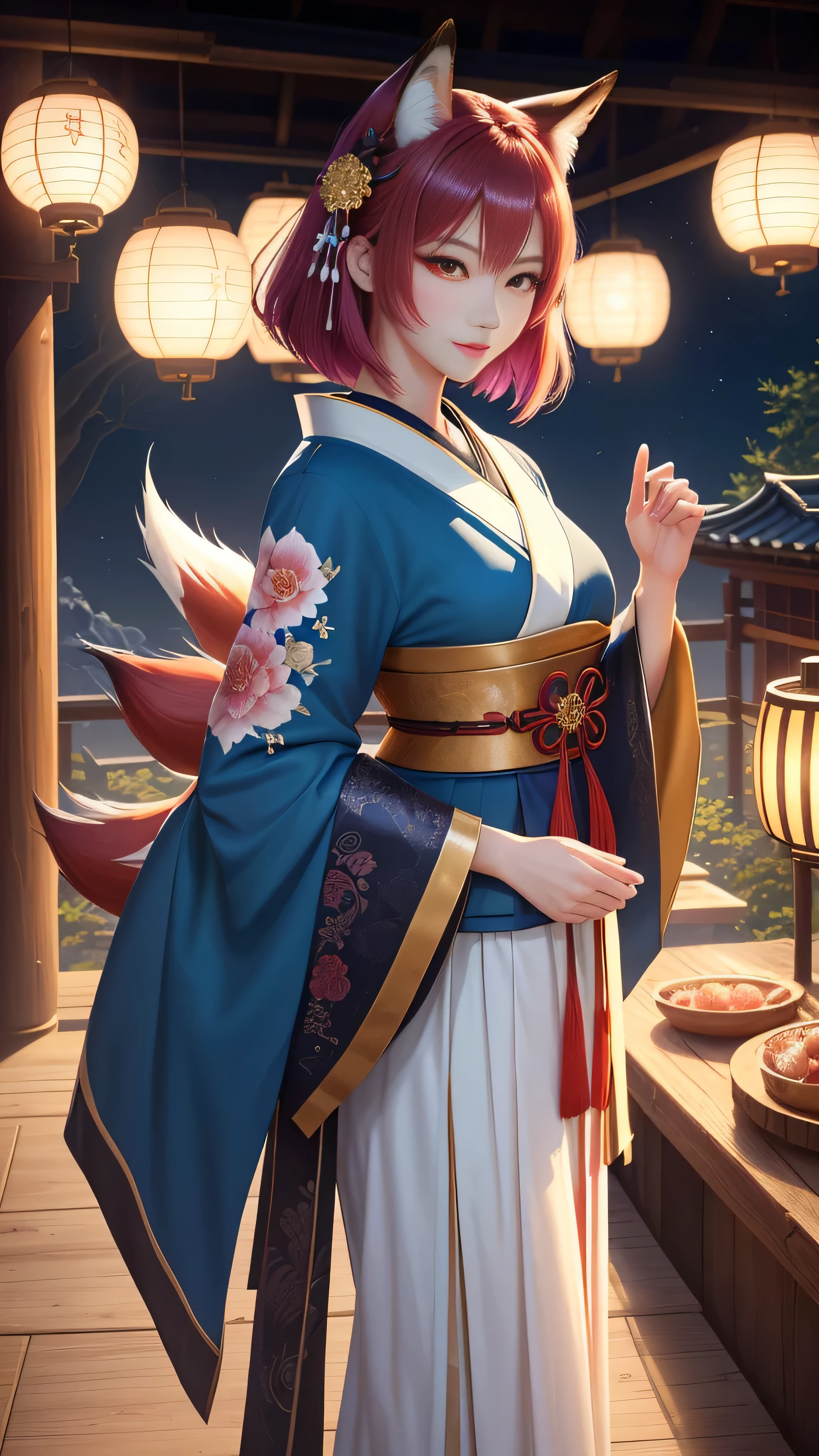 masterpiece , highest quality, frontのクローズアップ,Upper body,colorful hair colors,beautiful short hair, masterpiece, japanese architectureの背景,beautiful details, colorful, delicate details, delicate lips, intricate details, genuine, ultrargenuineista, 枝に座っている色とりどりの髪のFoxを持つ女の子:mature, bright eyes, ,色とりどりのFox, Raposa the Nine Tails, 三尾Fox, 三尾Fox, Onmyoji detailed art, beautiful fine art illustration, mythical creatures, Fox, beautiful digital art,shrine maiden,japanese architecture,Holding hands,exquisite digital illustration, mizutsune, Inspired by mythical wild nest creatures, pixiv in digital art, dazzling light, high contrast, Mysterious,枝に座っている色とりどりの髪のFoxを持つ女の子,front,look at the camera