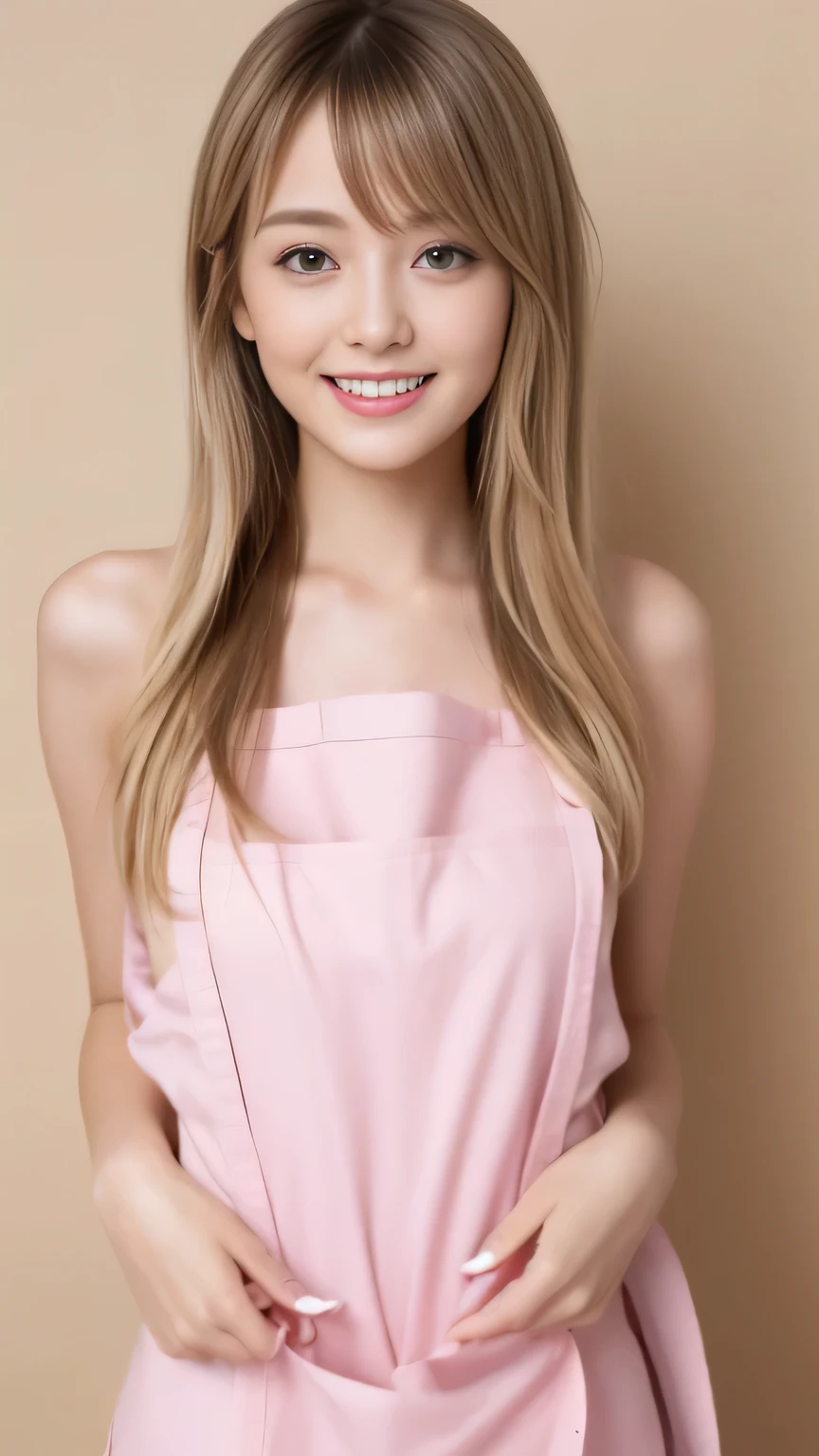 apron up to the thighs, ((wearing only a Tully's Coffee's (short apron on a naked body), pink apron, apron up to the thighs, )), 写実的、リアル、解剖学的に正確な身体、Woman with long blonde hair and pale blue eyes is taking pictures, Long bangs、gorgeous young model, Portrait Sophie Mudd, The most beautiful female models in the world、White beautiful skin、Highlights of cheek luster、cute young woman, Very beautiful young woman, portrait of a beautiful model, Beautiful young girl, with round face、Beautiful young woman, a photography of a beautiful woman, face perfect, 20-year-old female model, Beautiful blonde girl、Small face beauty、(no_panties, no_bra:1.1)、body facing the viewer、((photo from the waist up:1.1))、thin waist、embarrassed look smile、I can see the belly button、Clean tummy、Not NSFW、cute, happy, ((身体が視聴者の方向を向く))、no_NSFW、(太もも、no_panties, no_bra, no_shirts),