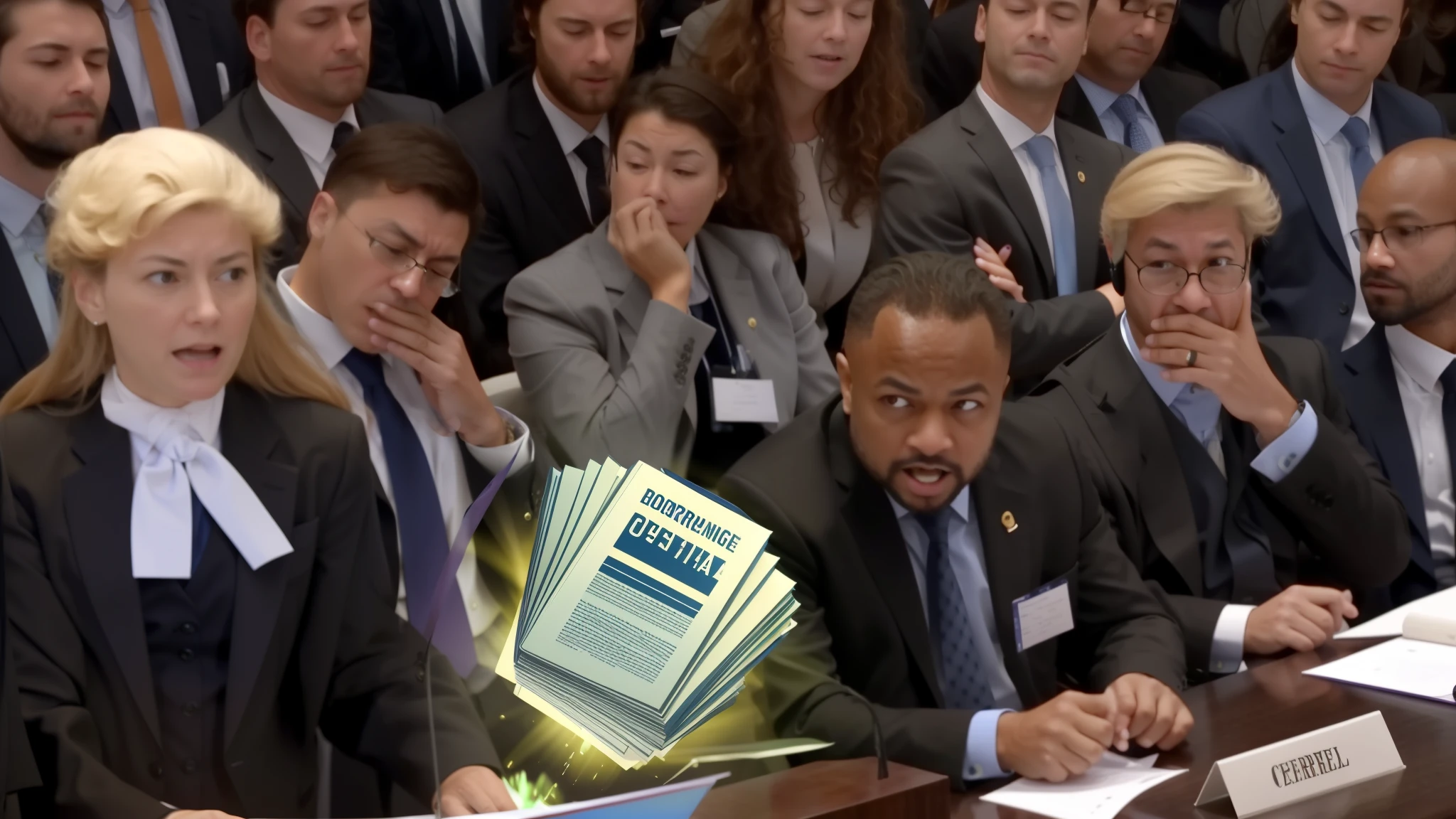 A beautiful female lawyer speaking at a podium as a multi-page report springs into the air with a burst of energy, a group of people in suits are socked and terrified at the result. 