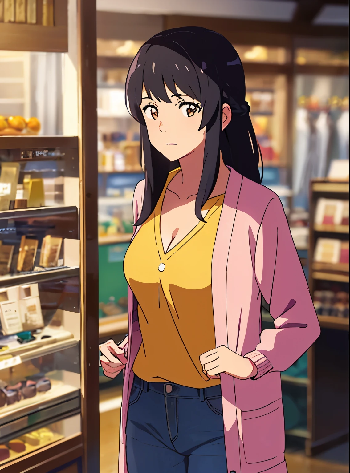 shinkai makoto, kimi no na wa., 1girl, bangs, black hair, brown eyes, waterfall braid, red ribbon, long hair, pink cardigan, open shirt, yellow shirt, cleavage, breast, medium breast, Orange jeans ,wearing name tag, looking at the viewer, indoors, jewelry products, jewelry shop,masterpiece, perfect anatomy, cowboyshot