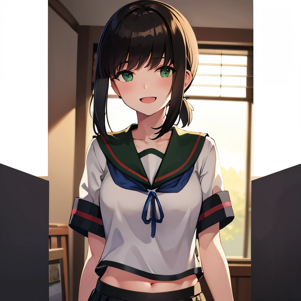 laughing, best green eyes,belly button,belly, (masterpiece, best quality:1.2),illustration,8k,hd,1girl,solo,upper body,(portrait:1.2),black_hair,short_ponytail,white serafuku,sidelocks,low_ponytail,green_eyes,smile,black_eyes,school_uniform,pleated_skirt,skirt,
