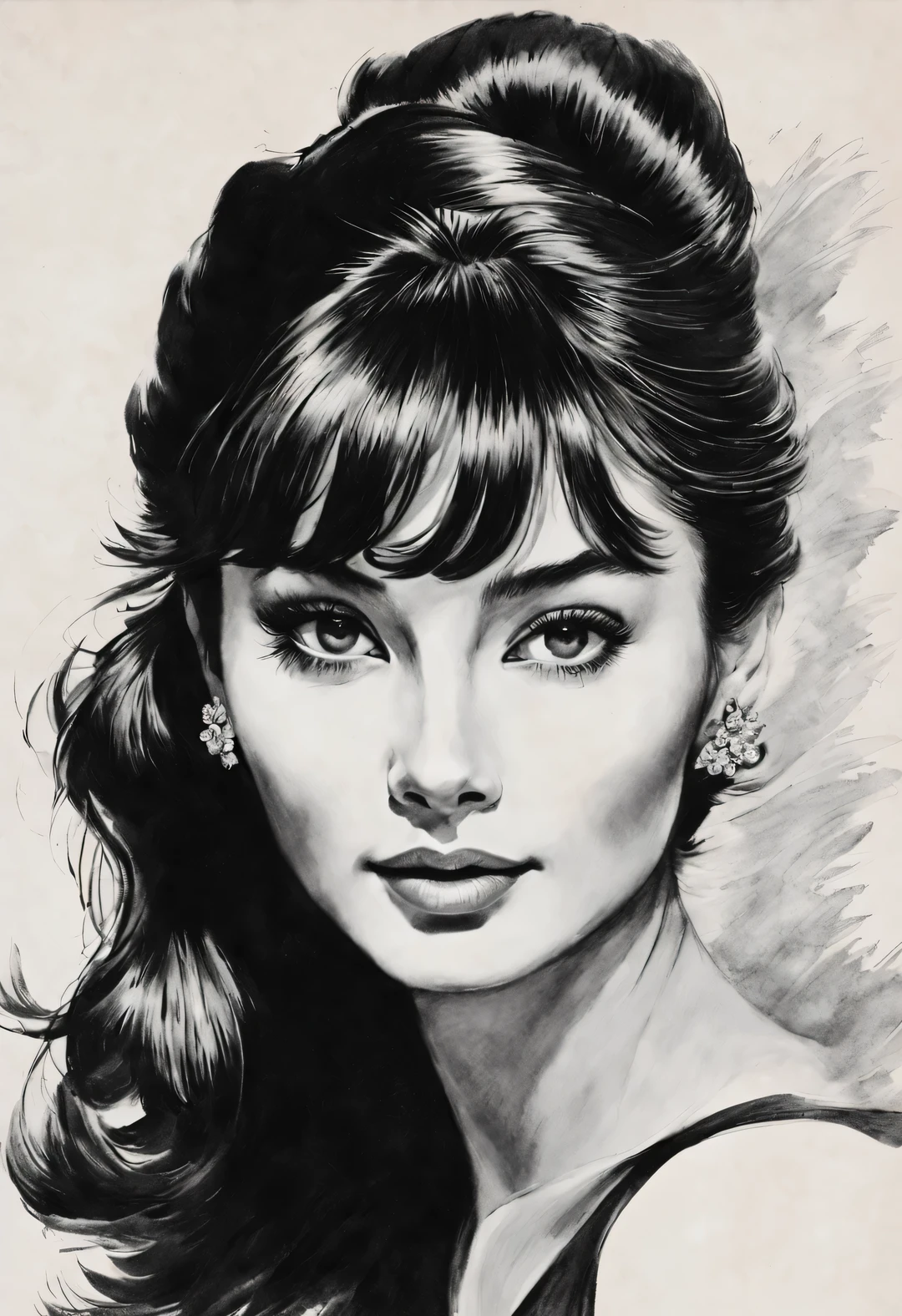 Ink art style, (Audrey Hepburn looks elegantly at the camera）, （Wearing high-end lace evening gown gloves）), dramatic contrast, Hair texture clear and shiny, Emphasis on the depiction of exceptionally beautiful and bright eyes, smooth skin, portrait, Beautiful detailed, Super intricate and refined details, Outline with black ink, smooth lines, Express the characters’ expressions and postures through the contrast of ink shades, Have a simple background, Emphasis on light and space,