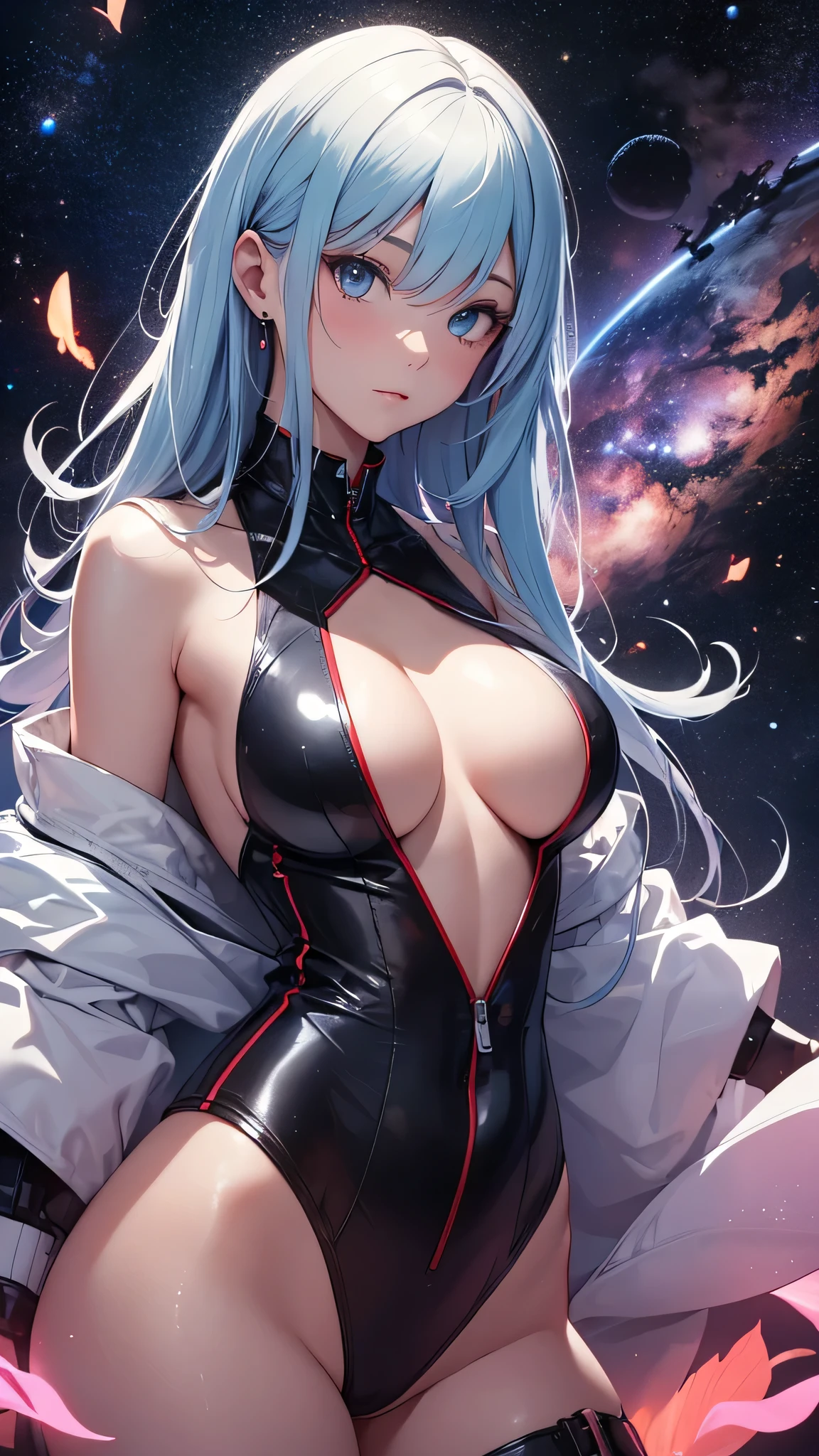 最high quality、best image quality、masterpiece、teenage girl((18-year-old、 By becoming、vest bust、medium bust,wide open breast tea、black eye, light blue hair、Red mesh、long hair、thin,highest valley、white vintage suit、Glowing red wings,leaning forward)),high quality、beautiful art、background((outer space))debris flies、Depth of written boundary、movie、visual art、perfect art、8K,genuine