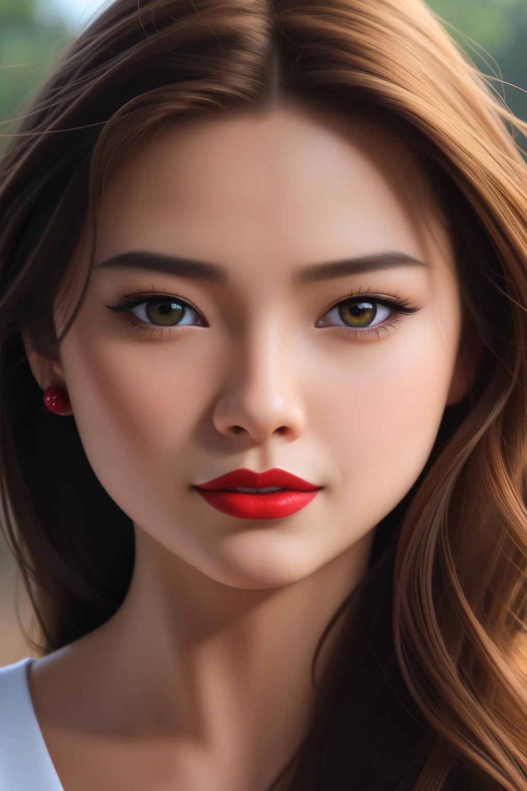 arafed woman with long brown hair and red lipstick looking at the camera, photorealistic beautiful face, photorealistic face, ultra detailed portrait, realistic detailed face portrait, realistic portrait, detailed face of a asian girl, realistic portrait photo, realistic digital painting, photorealistic portrait, photo realistic portrait, ultra realistic portrait, hyperrealistic beautiful face, extremely realistic face