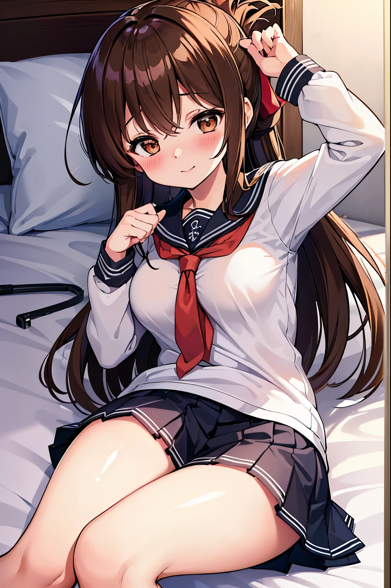 (best quality:1.3),(awesome amazing detailed:1.3), (a school girl lying back down on bed:1.3),(large breasts:1.1),light smile,(half-closed eyes:0.9),(blush:1.5),(wearing white school shirt and black pleated skirt and socks:1.1),bow legs, BREAK (infirmary bed:1.3),(divider curtain on side:1.1),(masterpiece, best quality:1.2),illustration,8k,hd,1girl,solo,upper body,(portrait:1.2),brown_hair,folded_ponytail,brown_eyes,serafuku,long_hair,school_uniform,skirt,pleated_skirt,