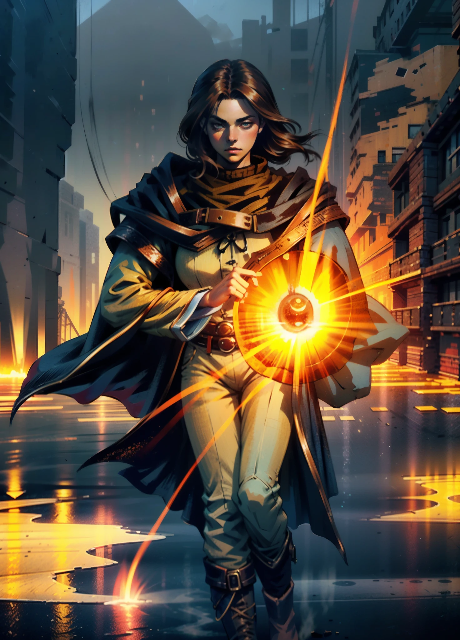 A woman with short reddish-brown hair, a determined gaze, her upper body is enveloped in a heavy cloak with leather accents, the cloak covers the lower half of her face, a tight-fitting long leather trench coat with ethnic-style details at the hem underneath, coarse fabric pants, sturdy knee-high leather boots, the background depicts a fantasy-style western town with swirling yellow sand, this character embodies a finely crafted fantasy western-style female shaman in anime style, exquisite and mature manga art style, high definition, best quality, highres, ultra-detailed, ultra-fine painting, extremely delicate, professional, anatomically correct, symmetrical face, extremely detailed eyes and face, high quality eyes, creativity, RAW photo, UHD, 8k, Natural light, cinematic lighting, masterpiece-anatomy-perfect, masterpiece:1.5