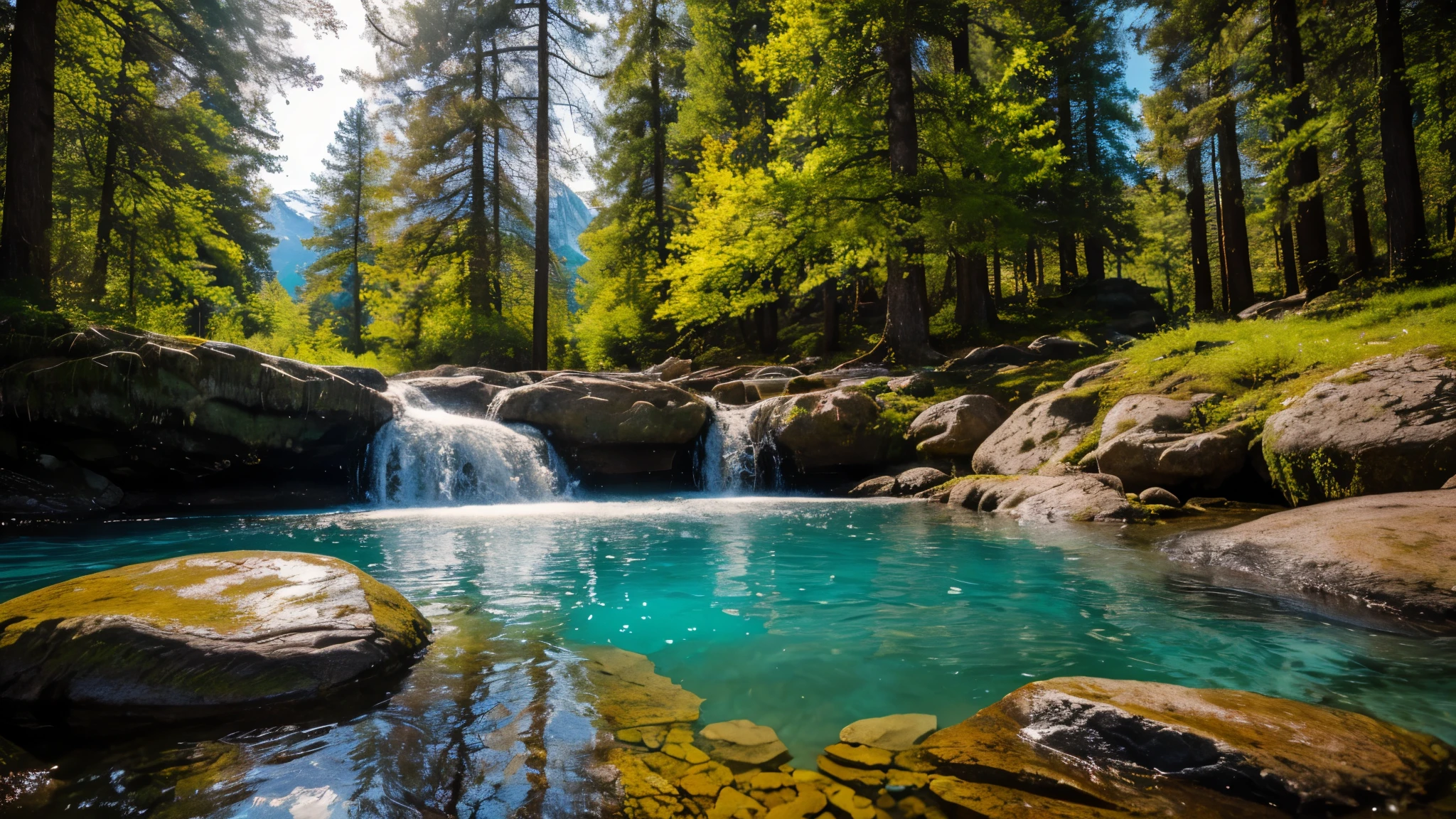 landscape with mountains in the background, large inscription at the top "secret forest", fabulously clear and crystalline water in the foreground, you can see stones submerged in the water, beautiful spring view, delicate light shining through the branches of nearby trees, roots of old spruces sticking out of the water, focal length 150mm, aperture f/1.8, bokeh effect, hyperrealistic, detailed