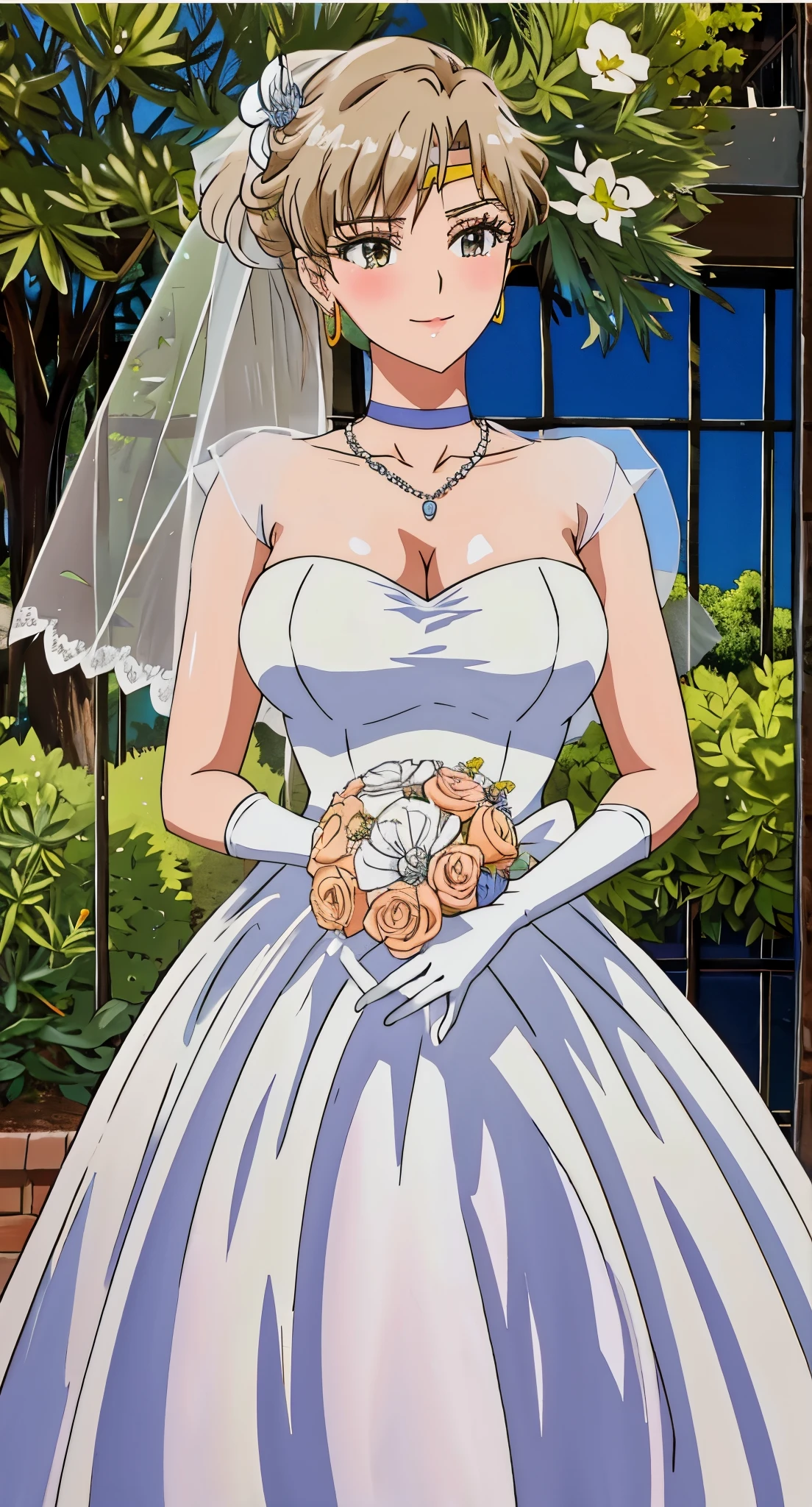 ponytail,Gurwitz,pillory,Head flail,hand flail,flail,(bridal veil:1.5),(short sheer veil:1.5),Blushing face,Head flower,headgear,(tube top wedding dress:1.5),(Silk dress:1.2),(Strapless wedding dress:1.5),Bouquet,pure white dress,necklace,earrings,(large breasts:1.3),Deep V peach heart collar wedding dress,Bangs,lipstick,(lace gloves:1.3),Bust photo,High detail RAW color art,Tyndall phenomenon