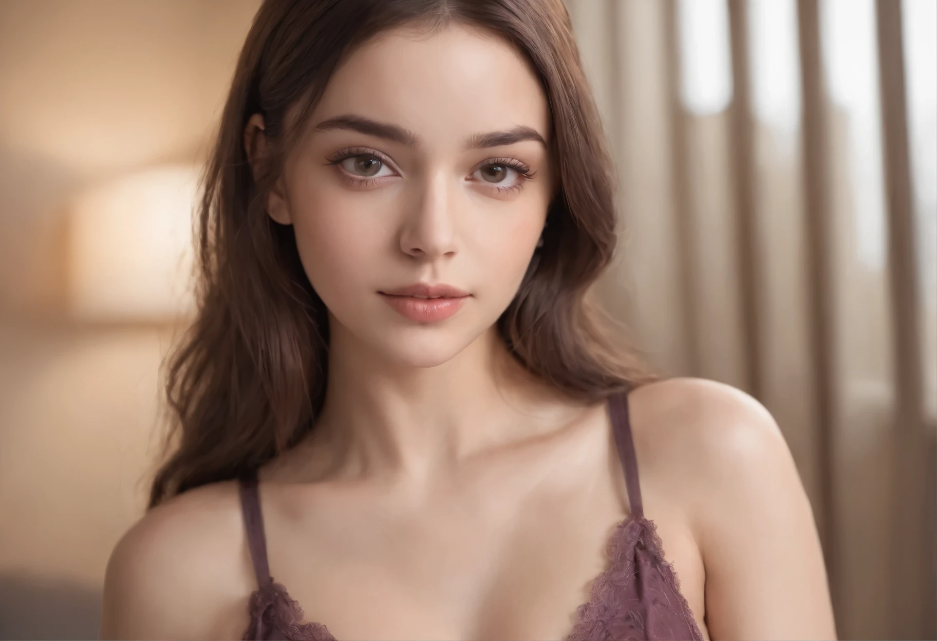 arafed woman with matching tank top and panties, sexy girl with brown eyes, portrait sophie mudd, brown hair and large eyes, selfie of a young woman, bedroom eyes, violet myers, without makeup, natural makeup, looking directly at the camera, face with artgram, subtle makeup, stunning full body shot, in bedroom, cleavage