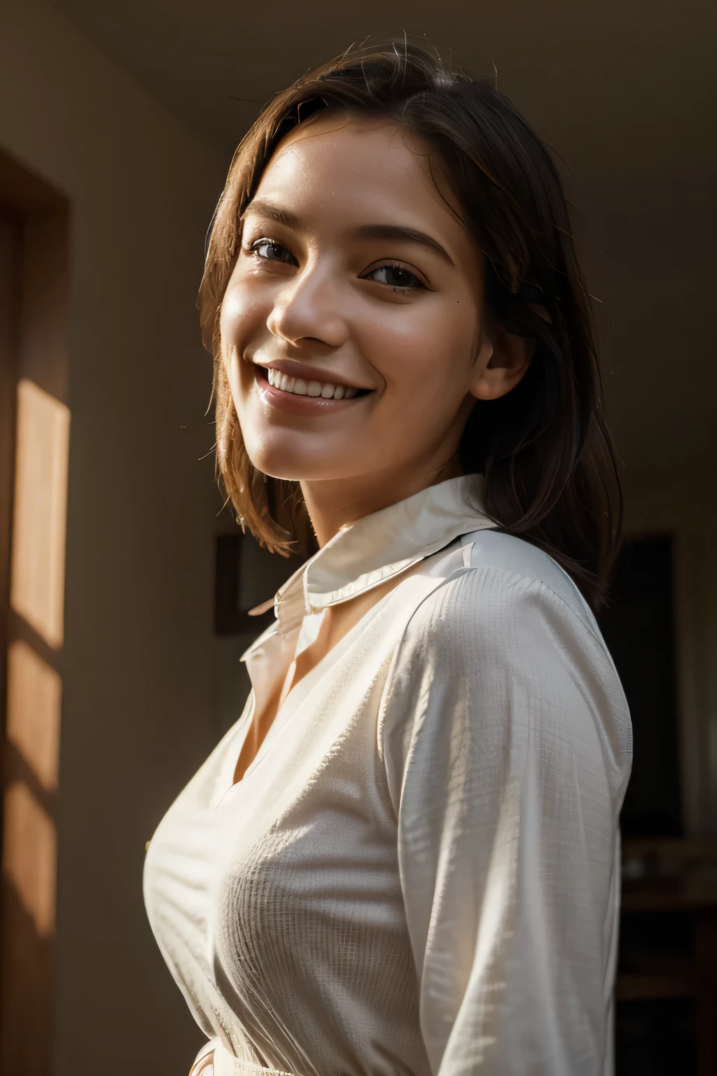 best quality, masterpiece, (lifelike:1.4), 1 girl, faint smile, collared shirt, above waist, dramatic lighting, from below