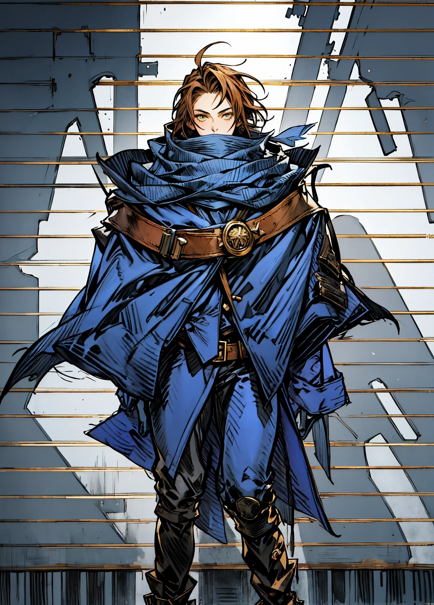 A woman with short reddish-brown hair, a determined gaze, her upper body is enveloped in a heavy cloak with leather accents, the cloak covers the lower half of her face, a tight-fitting long leather trench coat with ethnic-style details at the hem underneath, coarse fabric pants, sturdy knee-high leather boots, the background depicts a fantasy-style western town with swirling yellow sand, this character embodies a finely crafted fantasy western-style female shaman in anime style, exquisite and mature manga art style, high definition, best quality, highres, ultra-detailed, ultra-fine painting, extremely delicate, professional, anatomically correct, symmetrical face, extremely detailed eyes and face, high quality eyes, creativity, RAW photo, UHD, 8k, Natural light, cinematic lighting, masterpiece-anatomy-perfect, masterpiece:1.5