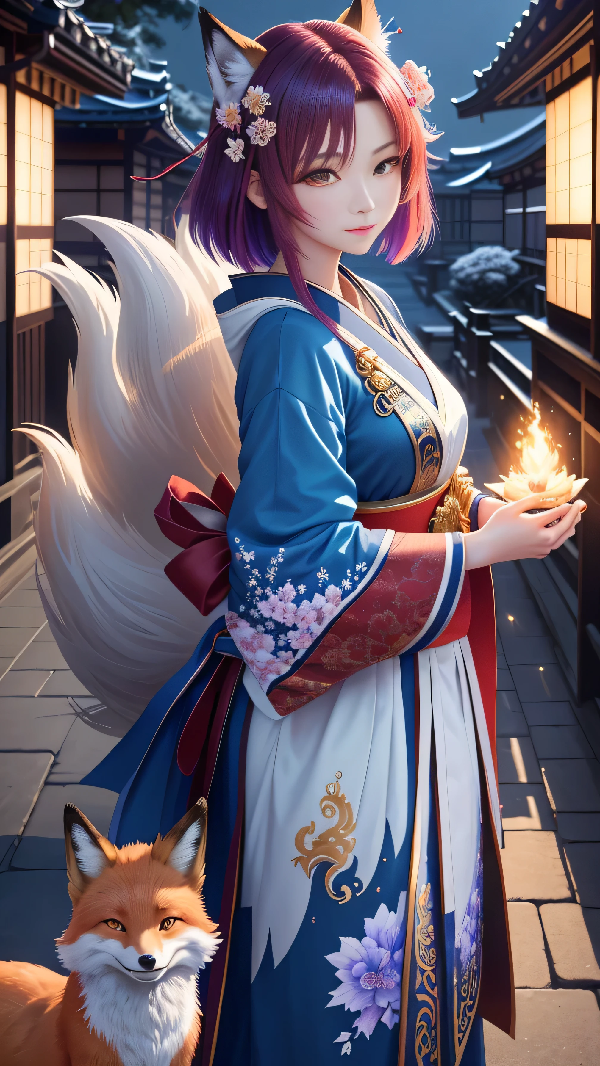 masterpiece , highest quality, frontのクローズアップ,Upper body,colorful hair colors,beautiful short hair, masterpiece, japanese architectureの背景,beautiful details, colorful, delicate details, delicate lips, intricate details, genuine, ultrargenuineista, 枝に座っている色とりどりの髪のFoxを持つ女の子:mature, bright eyes, ,色とりどりのFox, Raposa the Nine Tails, 三尾Fox, 三尾Fox, Onmyoji detailed art, beautiful fine art illustration, mythical creatures, Fox, beautiful digital art,shrine maiden,japanese architecture,Holding hands,exquisite digital illustration, mizutsune, Inspired by mythical wild nest creatures, pixiv in digital art, dazzling light, high contrast, Mysterious,枝に座っている色とりどりの髪のFoxを持つ女の子,front,look at the camera