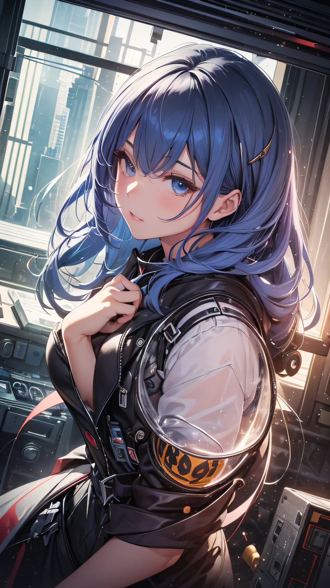 最high quality、best image quality、masterpiece、age girl((18-year-old、 By becoming、vest bust、medium bust,wide open breast tea、black eye, light blue hair、Red mesh、long hair、thin,highest valley、white vintage suit、Glowing red wings,leaning forward)),high quality、beautiful art、background((outer space))debris flies、Depth of written boundary、movie、visual art、perfect art、8K,genuine