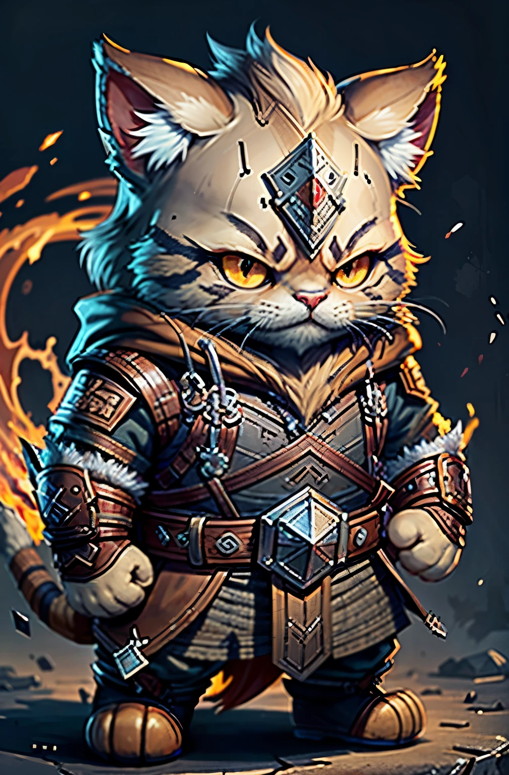 A C4tt4stic, cat wearing ancient viking warrior full clothes. burning viking ship background, professional model pose, standing.