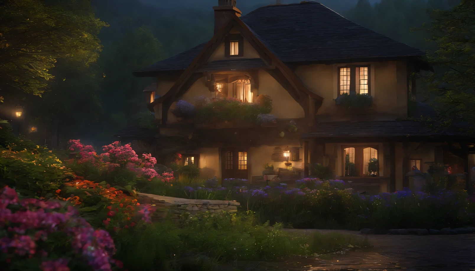 exist, house, livexistg room, nature, flowers, Calm village night and heavy raexist