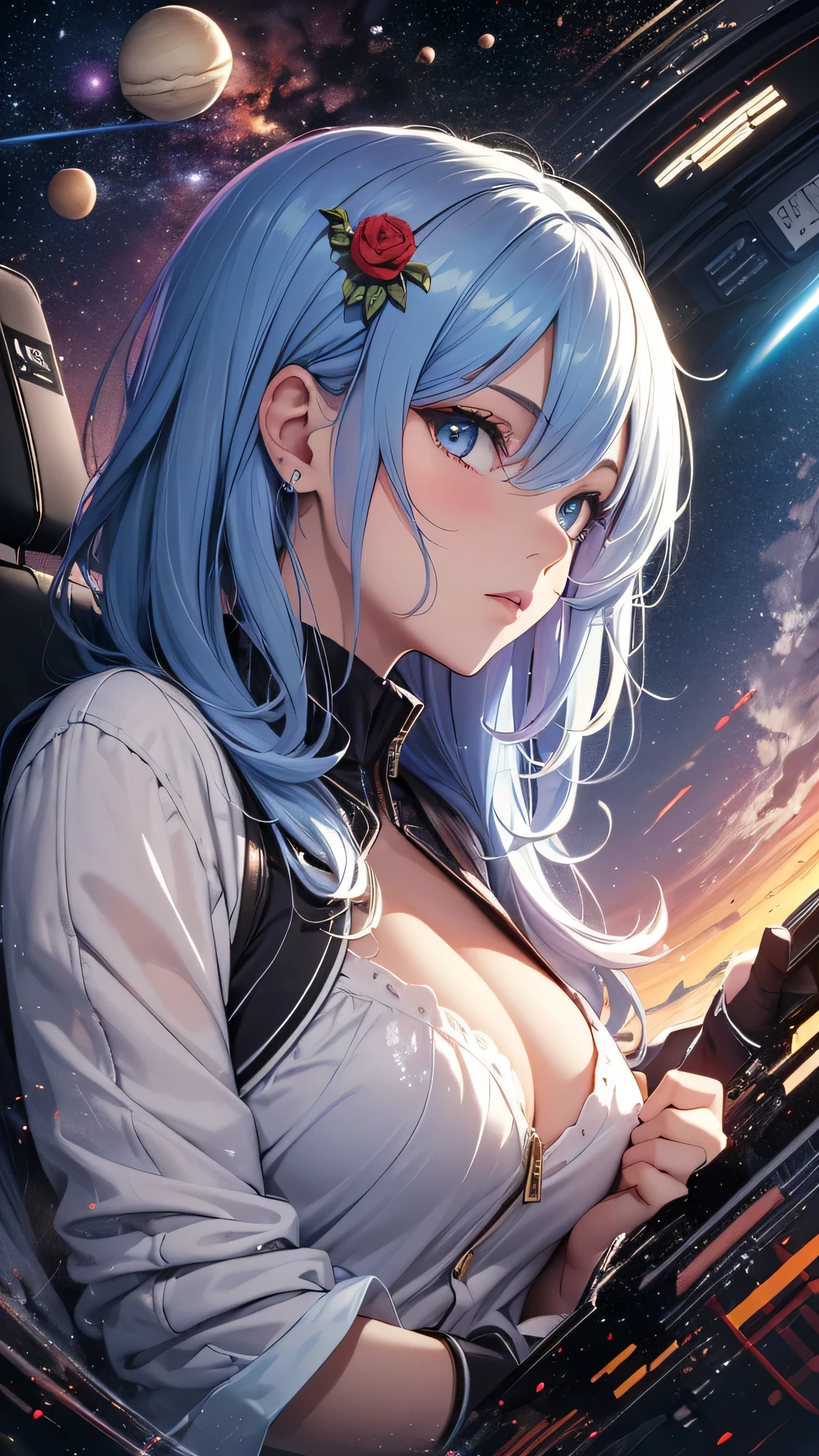 最high quality、best image quality、masterpiece、age girl((18-year-old、 By becoming、vest bust、medium bust,wide open breast tea、black eye, light blue hair、Red mesh、long hair、thin,highest valley、white vintage suit、Glowing red wings,leaning forward)),high quality、beautiful art、background((outer space))debris flies、Depth of written boundary、movie、visual art、perfect art、8K,genuine