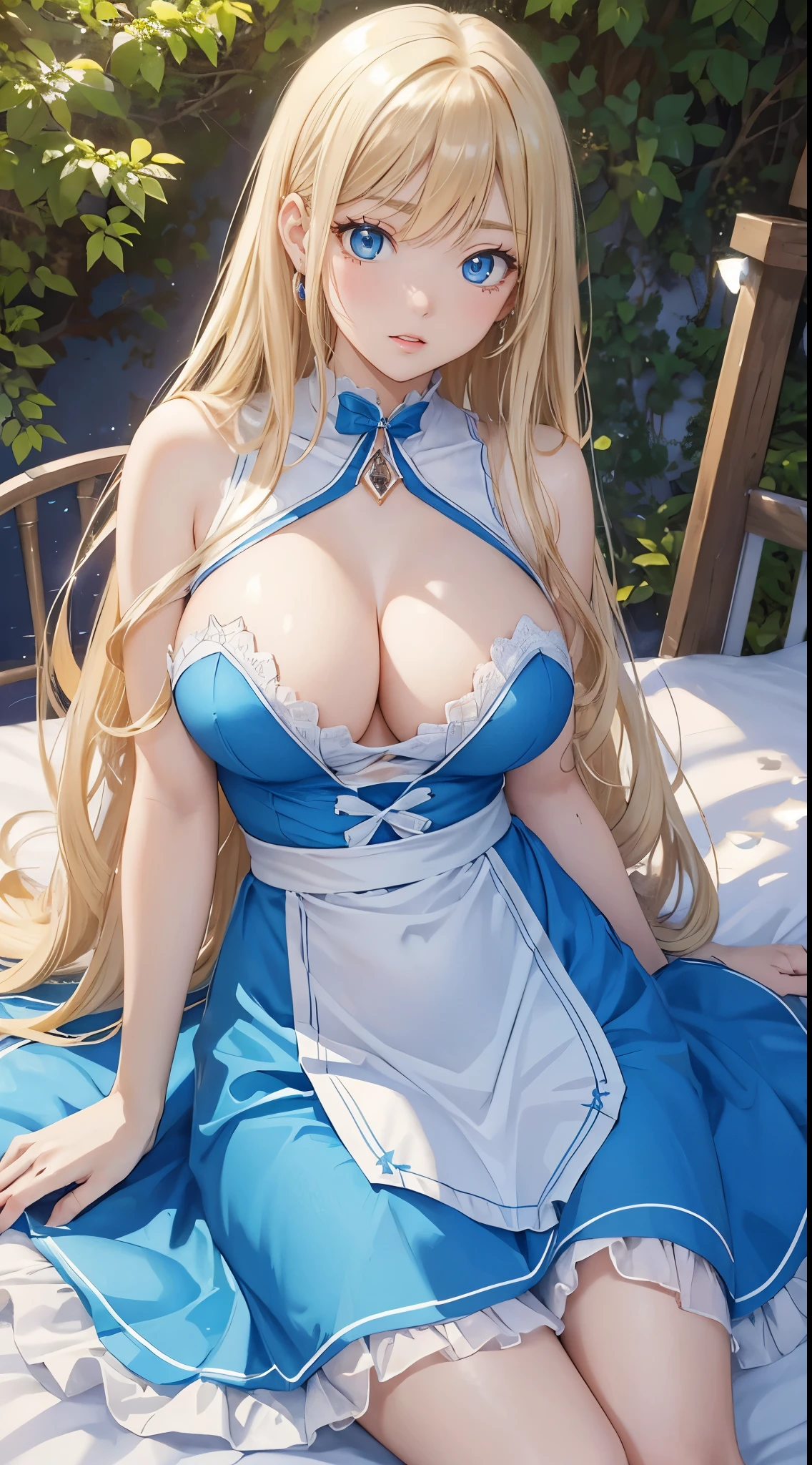 (masterpiece:1.2), (highest quality:1.2),, Curvy but slender body, perfect eyes, perfect face, perfect lighting, 1 girl, on the bed, long hair, curly hair, fine clothes, Detailed outdoor background, compensate, eye shadow, thick eyelashes, fantasy, looking at the viewer, whole body，alice in wonderland、blue sky、Bright and very beautiful face、young shiny glossy white shiny skin、best beauty、The most beautiful bright blonde hair in the world、thin hair、Super long straight hair、Shining beautiful bangs、Glowing crystal clear big blue eyes、Very beautiful lovely  most beautiful girl in the world、big and full breasts