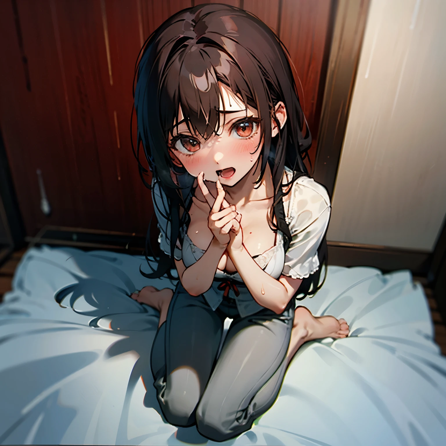 Young woman 25 years old、long brown hair、White sheer blouse、White pants、White bra、Emphasize your cleavage with both hands、There is yogurt in the cleavage、duck mouth、Yogurt in mouth、sweating、Sitting and looking up、facing forward、Thighs are visible、barefoot、Skirts short enough to reveal pants、cheeks are a little red、I don't wear pants、Ahegao、Covered in yogurt all over、barefoot、entrance、I only wear pants on my lower body、Slightly open mouth、A lot of yogurt is dripping from my fingertips.