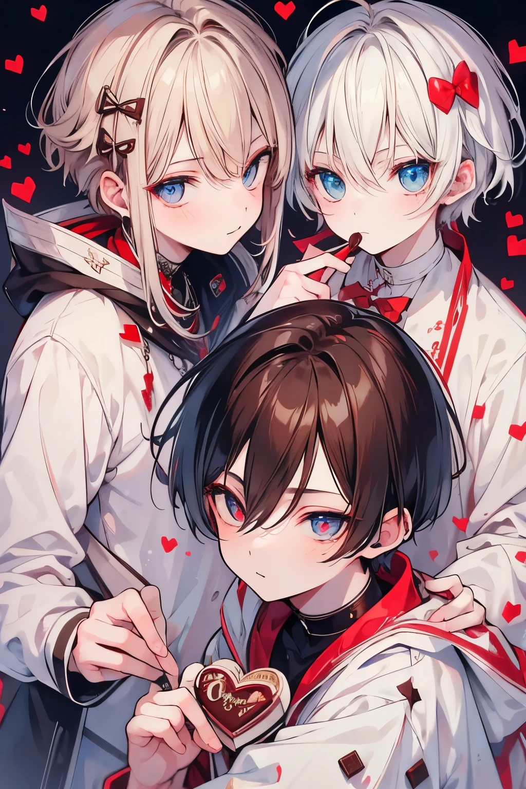 (muste piece), (best quality), very detailed, ((two boys)), perfect face, beautiful face, very detailed顔，(brown haired boy_red eyes:1.3)，(White-haired boy_blue eyes:1.3)，milk chocolate，White chocolate，Valentine，ribbon，heart，Light，smile，long eyelashes，頬にheartマーク，Melted chocolate，Covered in chocolate