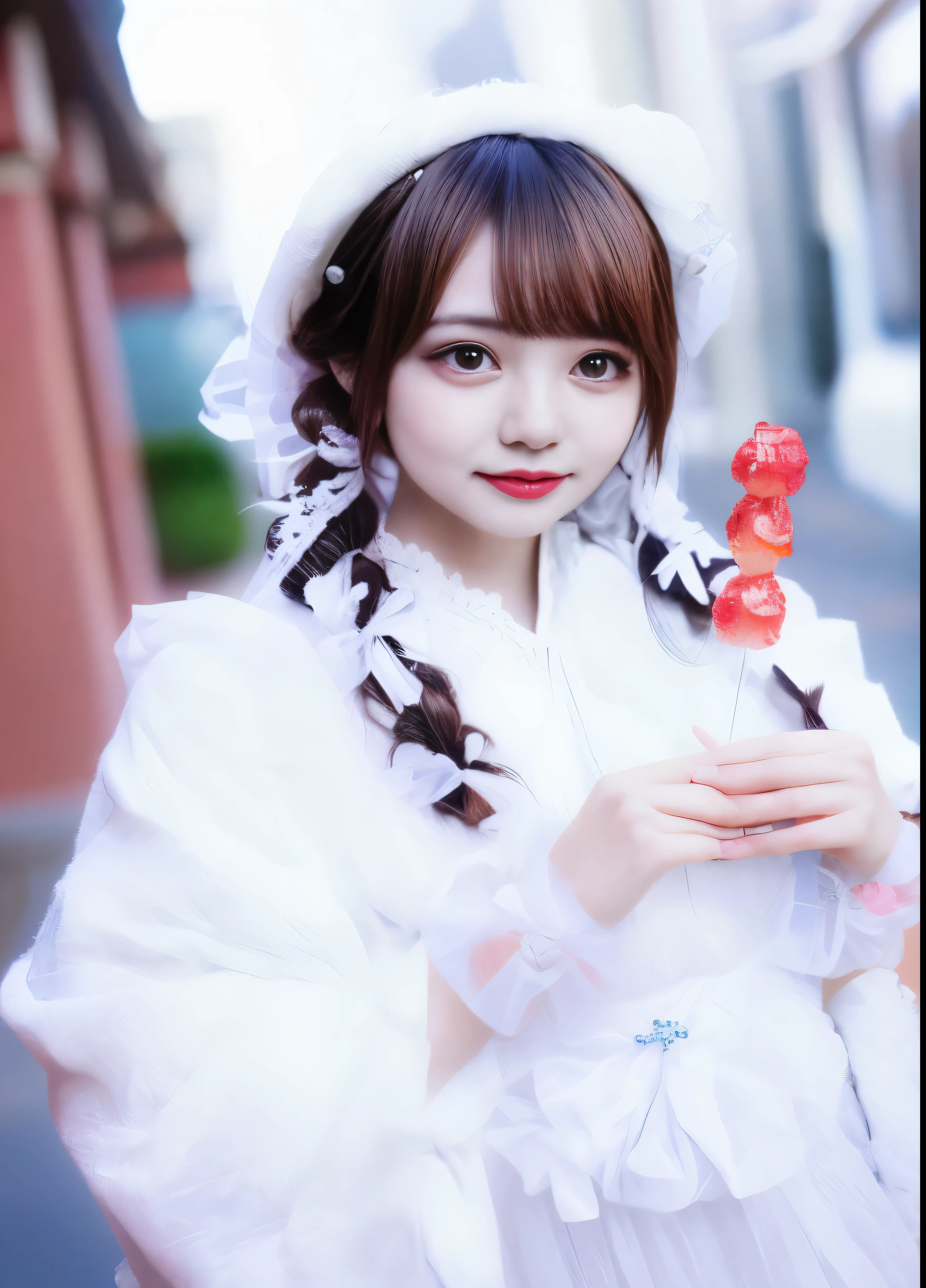 There is a woman in a white dress holding a red and white object, magical lolita girl portrait, portrait of the radical Lolita girl, sakimichan, twin tails white_gloves, Cute Pretty Girl, shikamimi, Shirahime cut hairstyle, lolita style, anime girl cosplay, cute hairstyle, pure white skin, , Belle Delphine