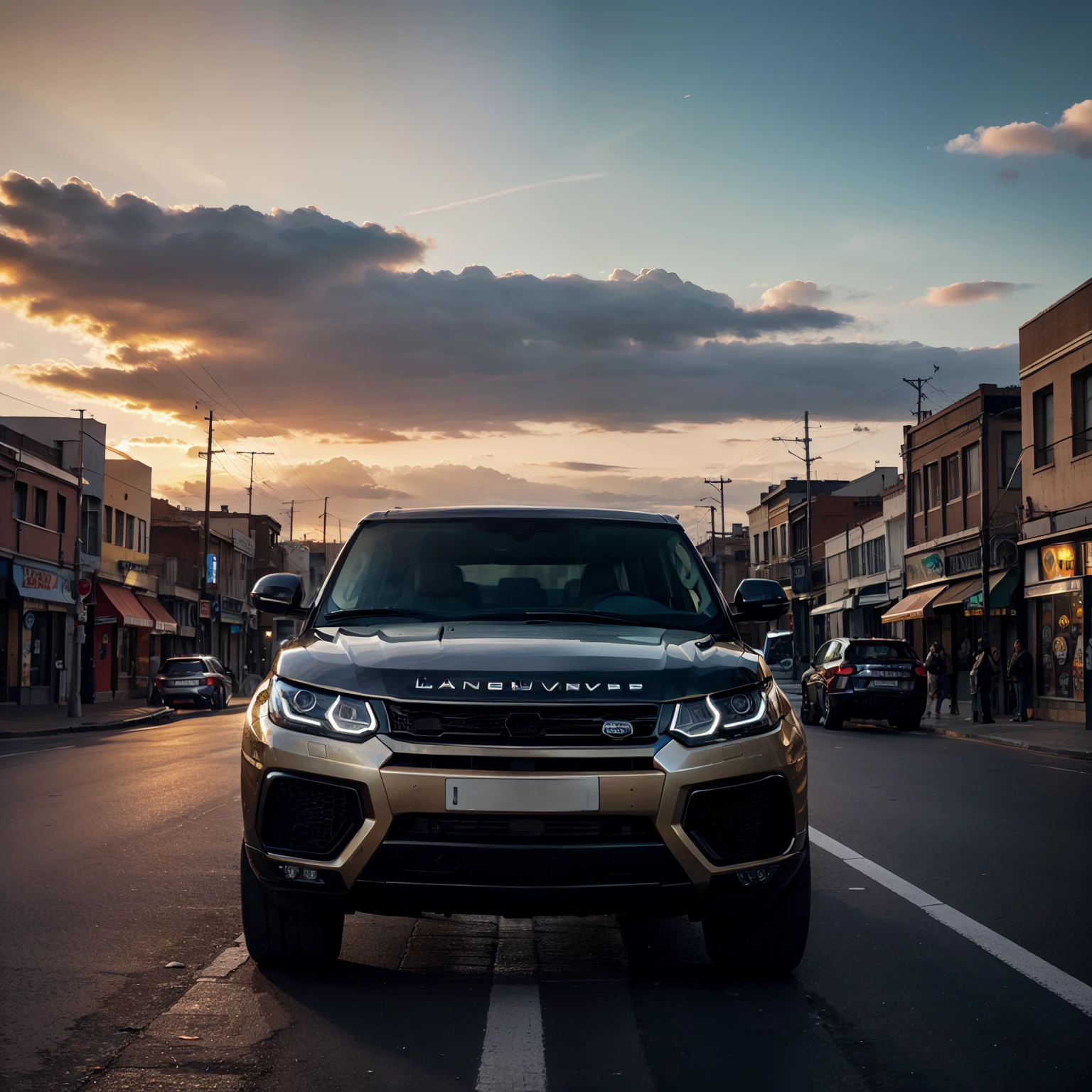 lamborghini land rover suv truck, eastern city streets, sunset, peaceful atmosphere, vibrant, colorful