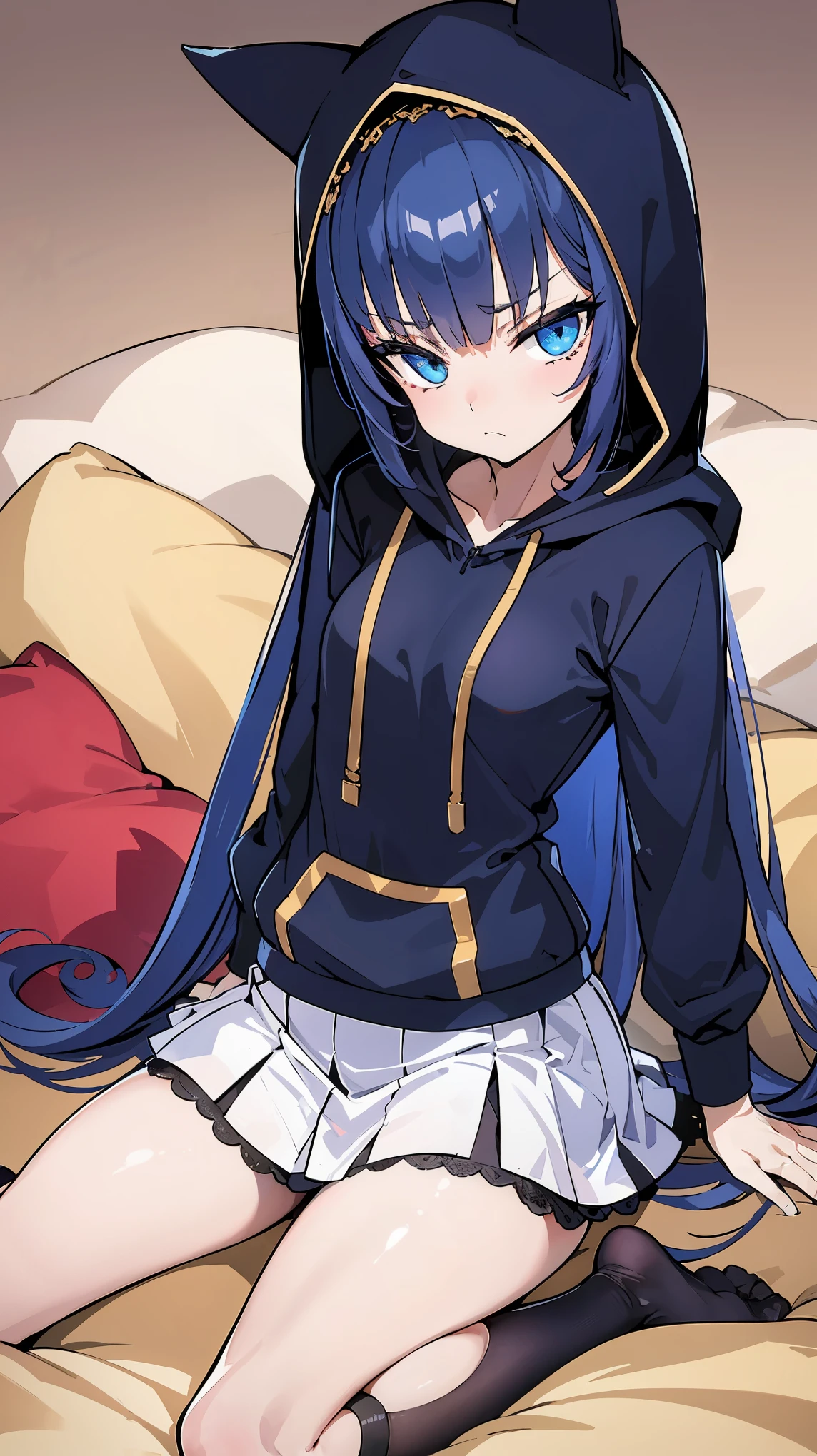 best quality,highly detailed,ultra-detailed,incredibly_absurdres,an extremely delicate and beautiful girl,beautiful detailed glow,ultra-detailed,beautiful and delicate water,extremely_detailed_eyes_and_face,{{{expressions}}},{long hair},Skirt,black silk stocking,hoodie ,JK,{slippers},hood,small breast,adorable girl,student,sigh,annoyed,frown,head tilt,{stretch}