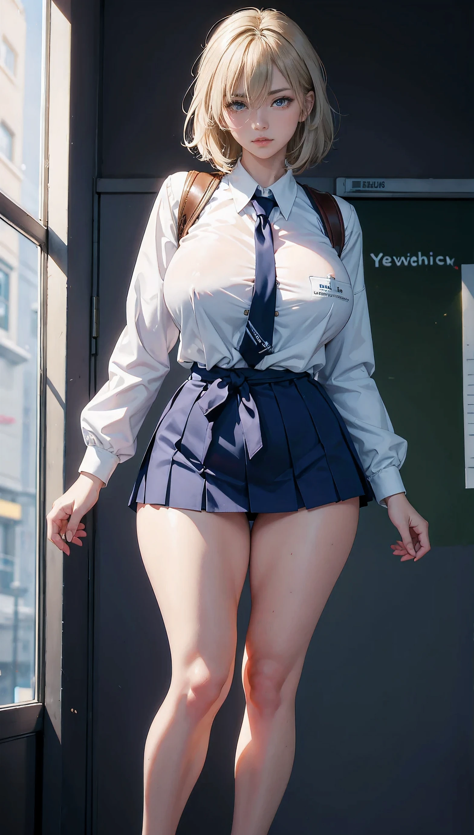 (masterpiece:1.2, highest quality), (highly detailed face, real image, delicate skin tone realistic skin, realistic body,woman1,Authentic nudes with intricate details, bright silver hair,Fluffy shorthair,messy hair,(((school uniform))),boyish,Standing position,shot from below,fascination pose,long eyelashes,expensive,huge cleavage,big bust,huge nipples,big hips, thick chest plate, beautiful feet, and a thin waist,pussy,clearware,whiten skin,