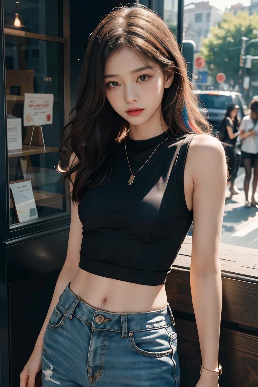 ((Tomboyish,small heads)), (Well-defined abs: 1.1), (perfect bodies: 1.1), (Long wave hair: 1.2)， collars, chain, Portrait, crowding street, wearing a black tank top，校服，（（shorter pants）），(4k），（Extremely refined and beautiful），（tmasterpiece），（best qualtiy：1.0），（超A high resolution：1.0），beautiful light up，Perfect lightning，realistic shaded，[A high resolution]，Delicate skin，ultra - detailed (((Colorful)))