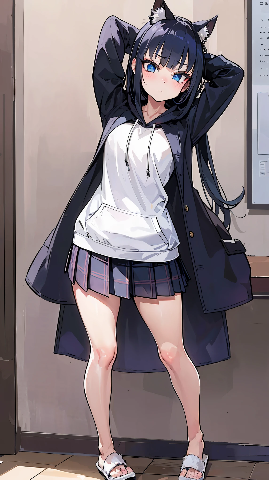best quality,highly detailed,ultra-detailed,incredibly_absurdres,an extremely delicate and beautiful girl,beautiful detailed glow,ultra-detailed,beautiful and delicate water,extremely_detailed_eyes_and_face,{{{expressions}}},{long hair},Skirt,black silk stocking,hoodie ,JK,{slippers},hood,small breast,adorable girl,student,sigh,annoyed,frown,head tilt,{stretch}