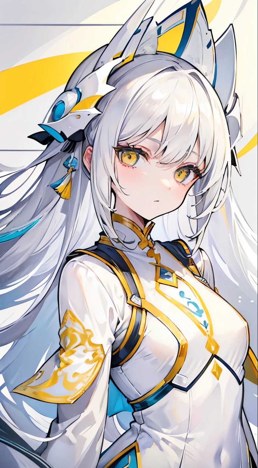 Yellowish-white hair covered her long face like a helmet,Make his long face look like a small face,Nice white clothes,It's like yellow々Complements the shades,There is a delicate makeup,shining face,exquisite,wonderful,golden eyes,Feel like a sweet girl
