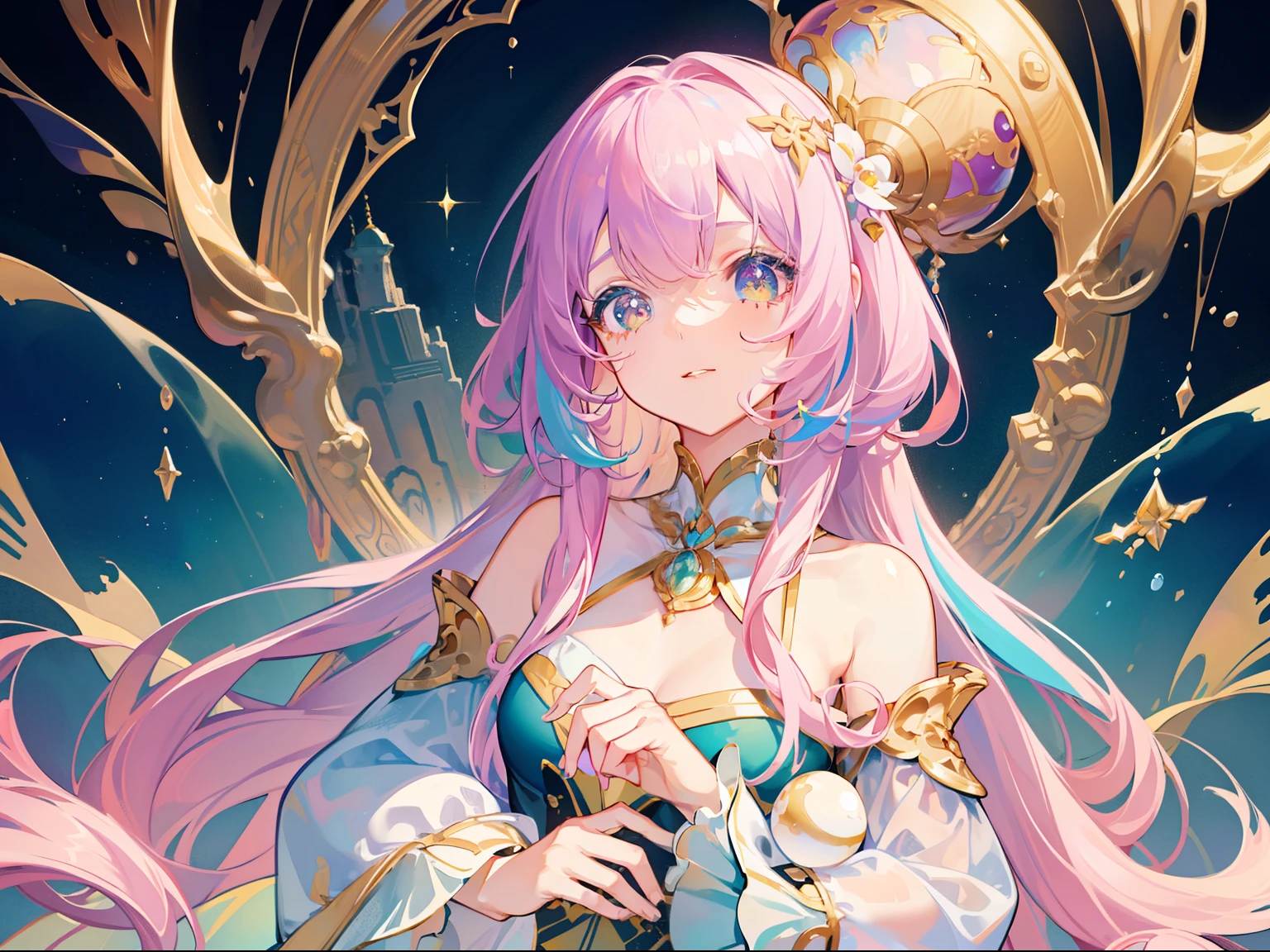 masterpiece, highest quality, 8K resolution, sharp focus, intricate details, beautiful girl, sparkling eyes, golden ratio face, liquid from another world, watercolor, pastel colour, bright colors, Whimsical, colorful, sharp focus, High resolution, small details, ((Layered Tiered Puffy Long Sleeve Ball Gown)), ((round eyes)), rainbow colored bubbles, fantasy background