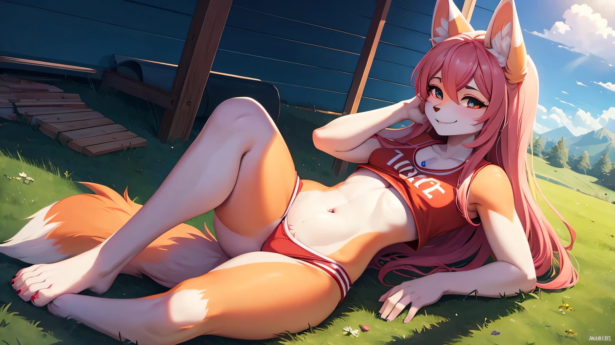 Masterpiece Best Quality Charming Perfect Beautiful Fox Girl White Long Hair Pretty Face Furry Limbs Furry Ears Furry Art Sports Top Sweatpants Smile