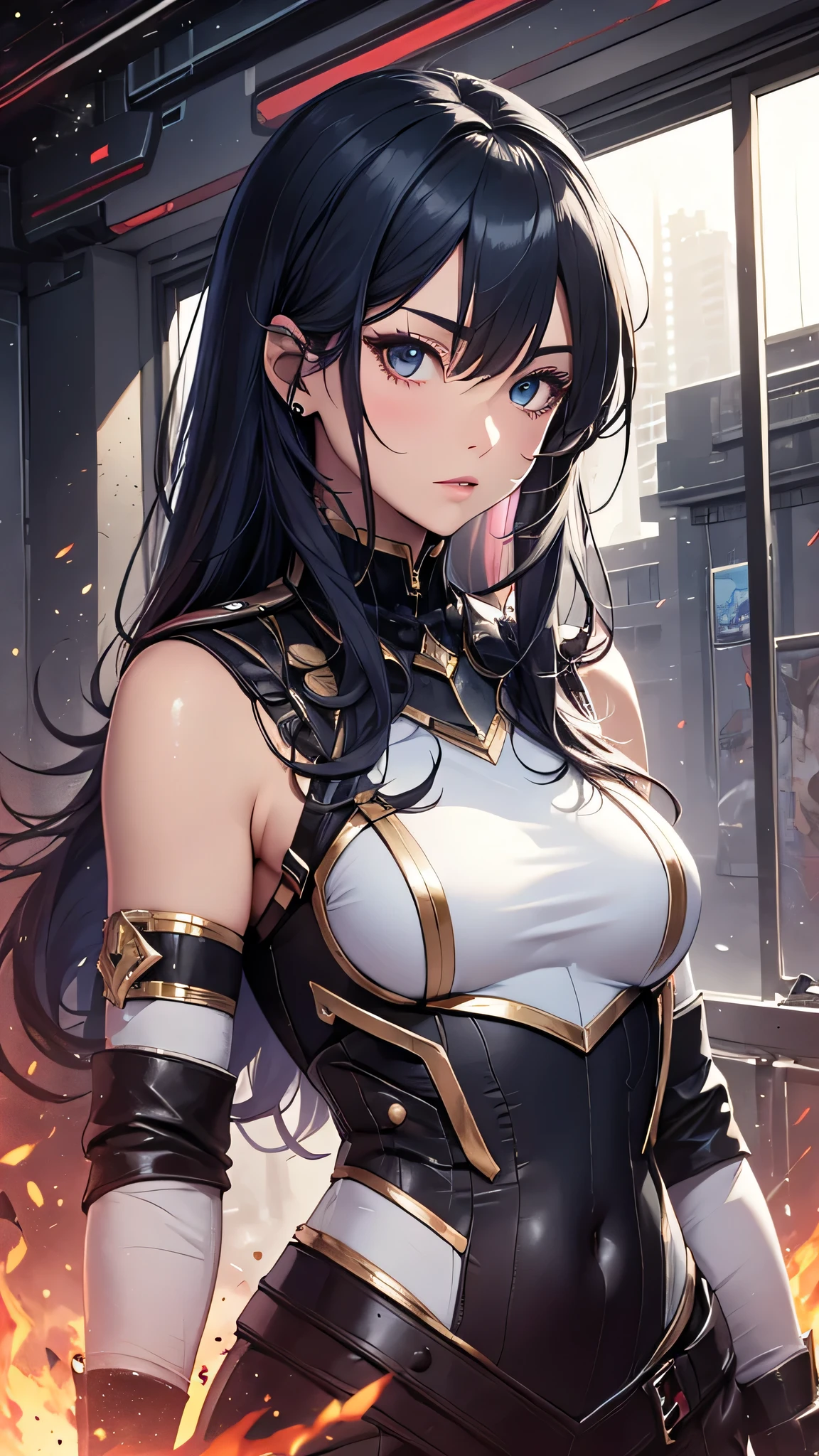 最high quality、best image quality、masterpiece、age girl((18-year-old、 By becoming、vest bust、medium bust,wide open breast tea、black eye, light blue hair、Red mesh、long hair、thin,highest valley、white vintage suit(2:3)、Glowing red wings,leaning forward)),high quality、beautiful art、background((outer space))debris flies、Depth of written boundary、movie、visual art、perfect art、8K,genuine