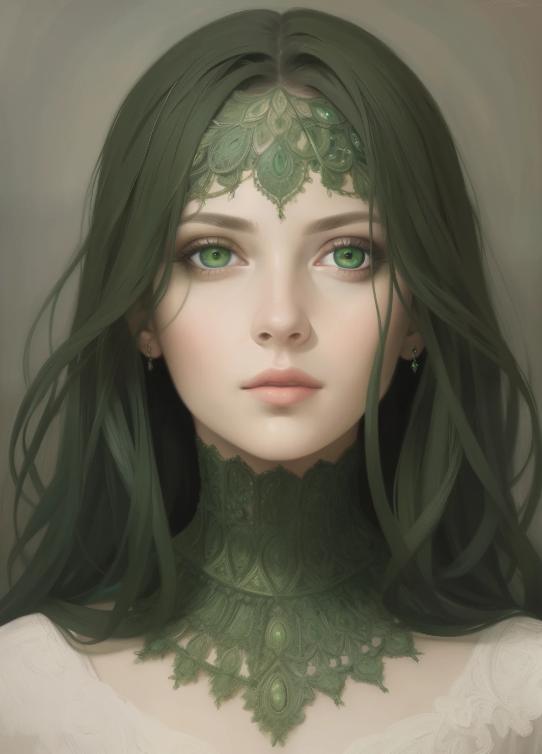 1girl, portrait, oil painting, modern, realistic proportions, dark green eyes, beautiful face, symmetrical face, symmetrical eyes, dynamic pose, intricate, intricate details, sharp focus