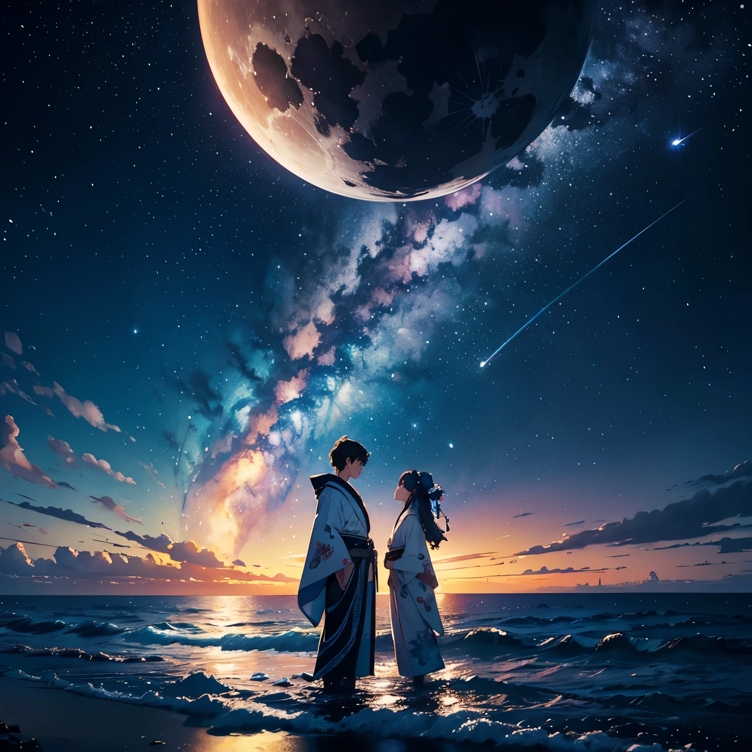 vast landscape photography、The place is the sea、The season is winter、It's midnight、（View from below with views of the sky and below）、There is a woman in a kimono、Silhouette of a woman standing on the beach and looking up、（full moon：1.2）、（shooting star：0.9）、（nebula：1.3）、distant stars、The moon is reflected in the sea in the background like a mirror、Far Lighting Break Production Art、(Warm color light source:1.2)、(fire Fly:1.2)、lampshade、blue and white、intricate details、Volume lighting BREAK (masterpiece:1.2)、(highest quality)、4K、super detailed、（Composition of exercise：1.4）、Highly detailed and colorful details（rainbow colors：1.2）、（shining lighting、atmosphere lighting）、dream-like、Magic、（solo：1.2）