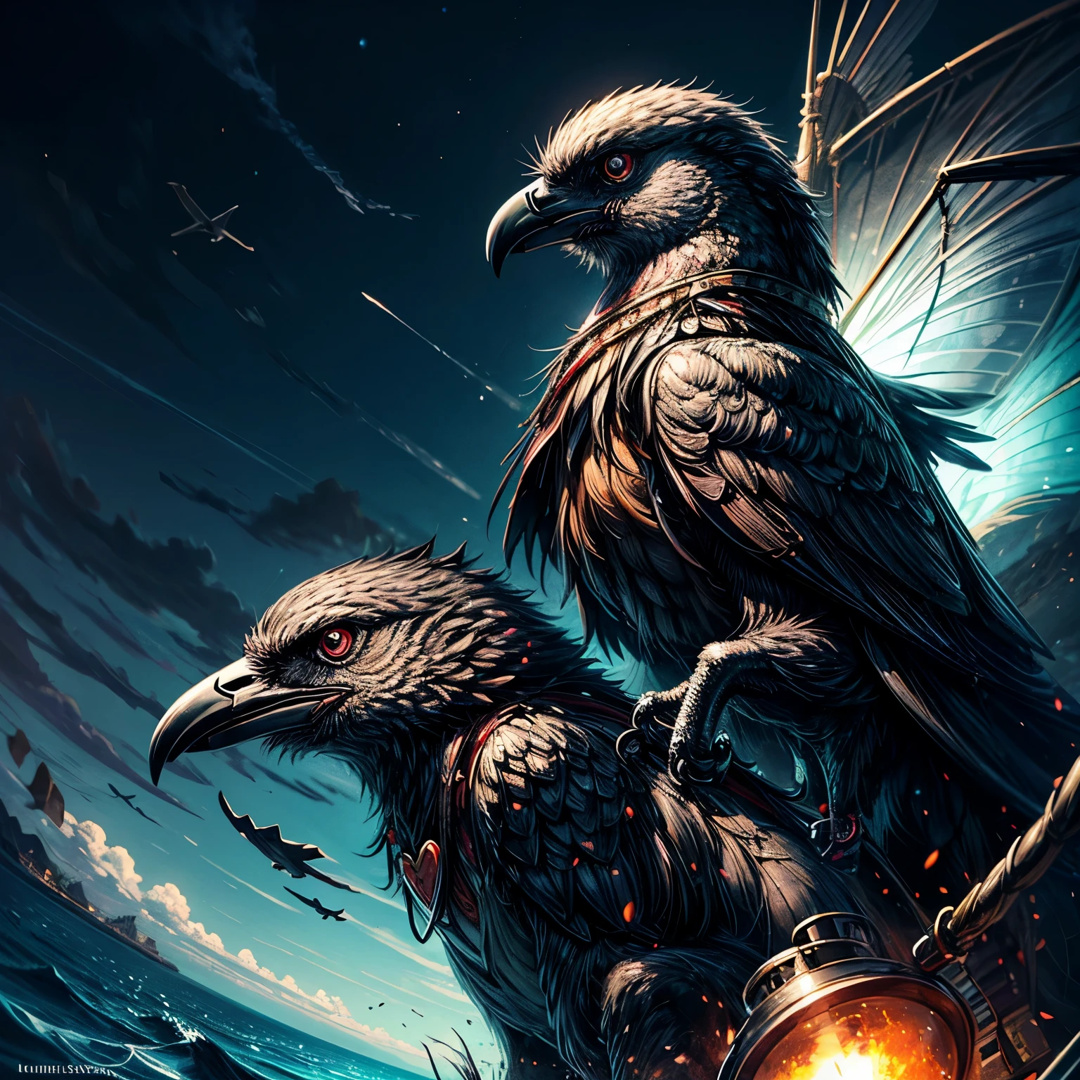 High image qualityhigh-resolution　fantasy　realistic　crow on the sea　universe in glass